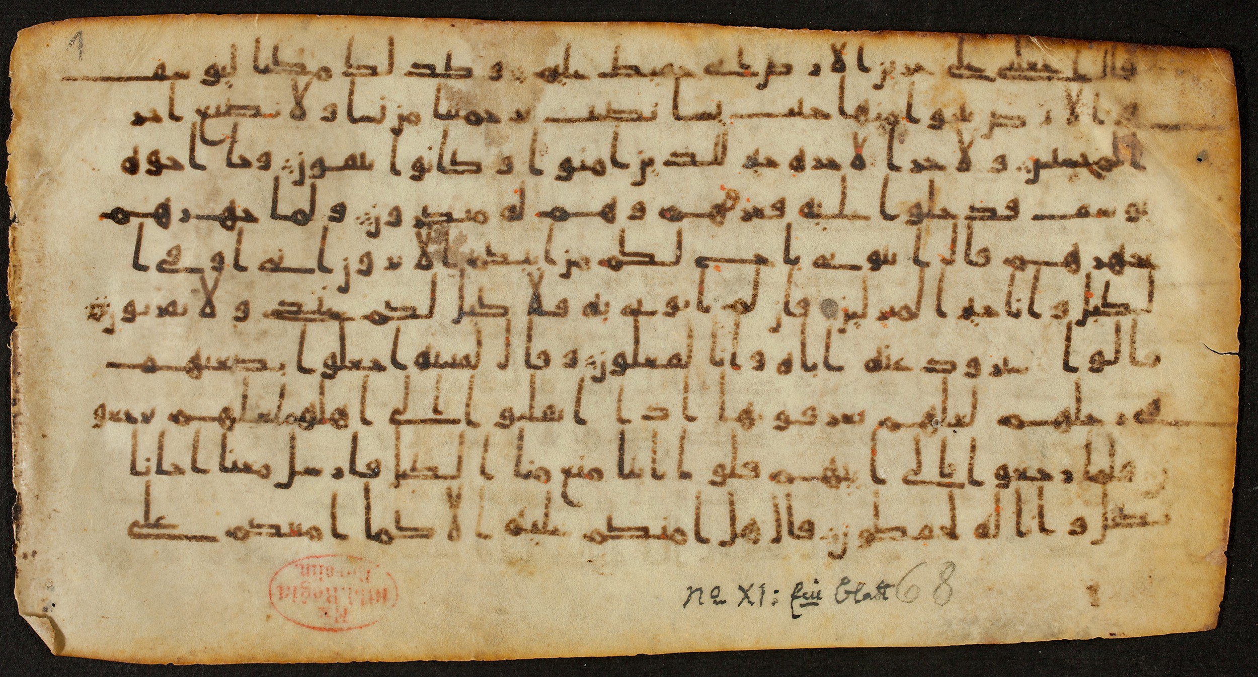 Berlin, Staatsbibliothek zu Berlin, Ms. or. quart. 1208 (XI), in Kūfī Type B.Ib script, showing Surah 12:64 from Mid 7th to Mid 8th Century AD found in Unknown, currently housed at Staatsbibliothek zu Berlin, Berlin