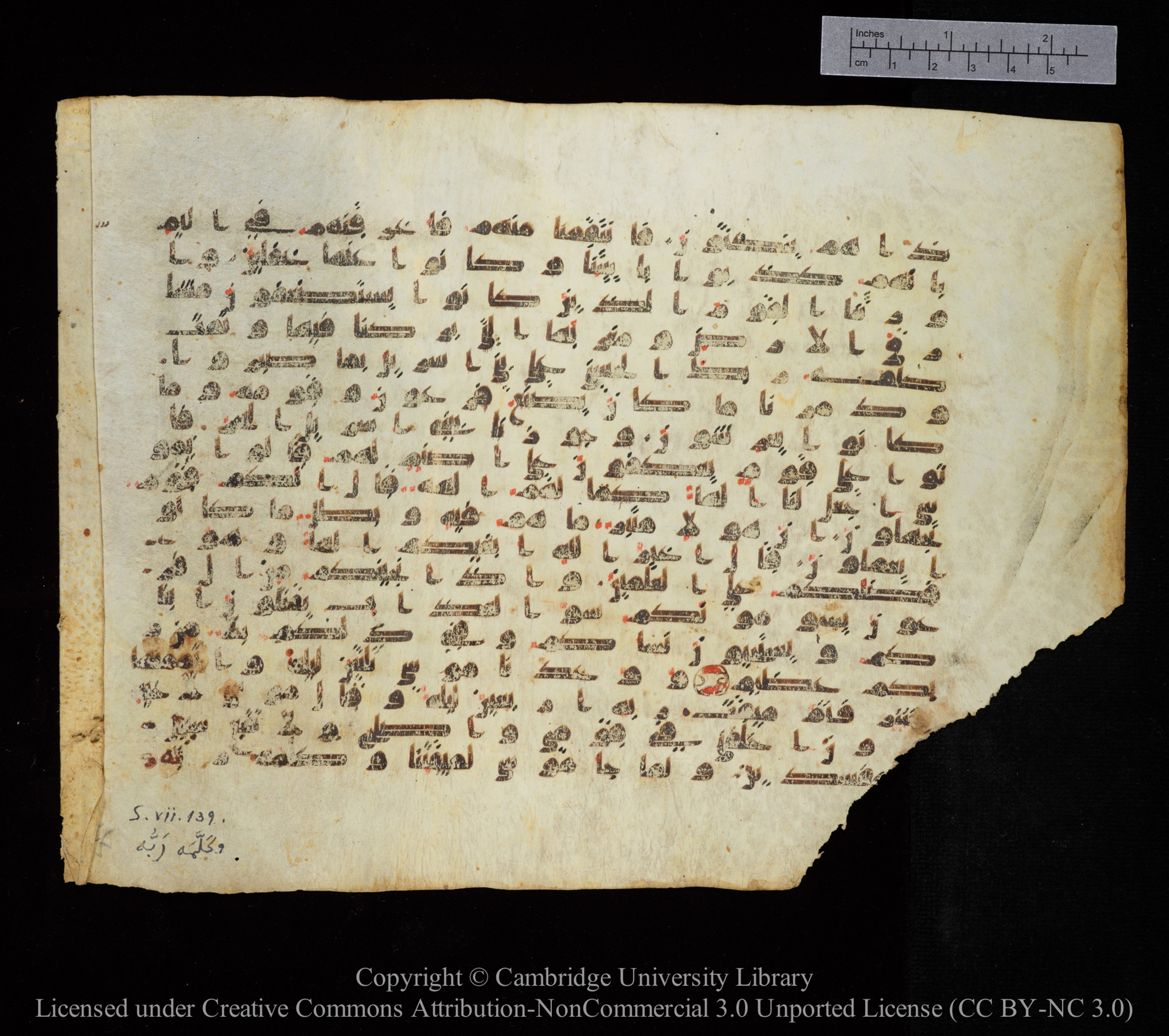Cambridge, Cambridge University Library, MS Add.1123, in kūfī D.IV script, showing Surah 7:136 from 9th to 10th Century AD found in Sinai Peninsula, currently housed at Cambridge University Library, Cambridge