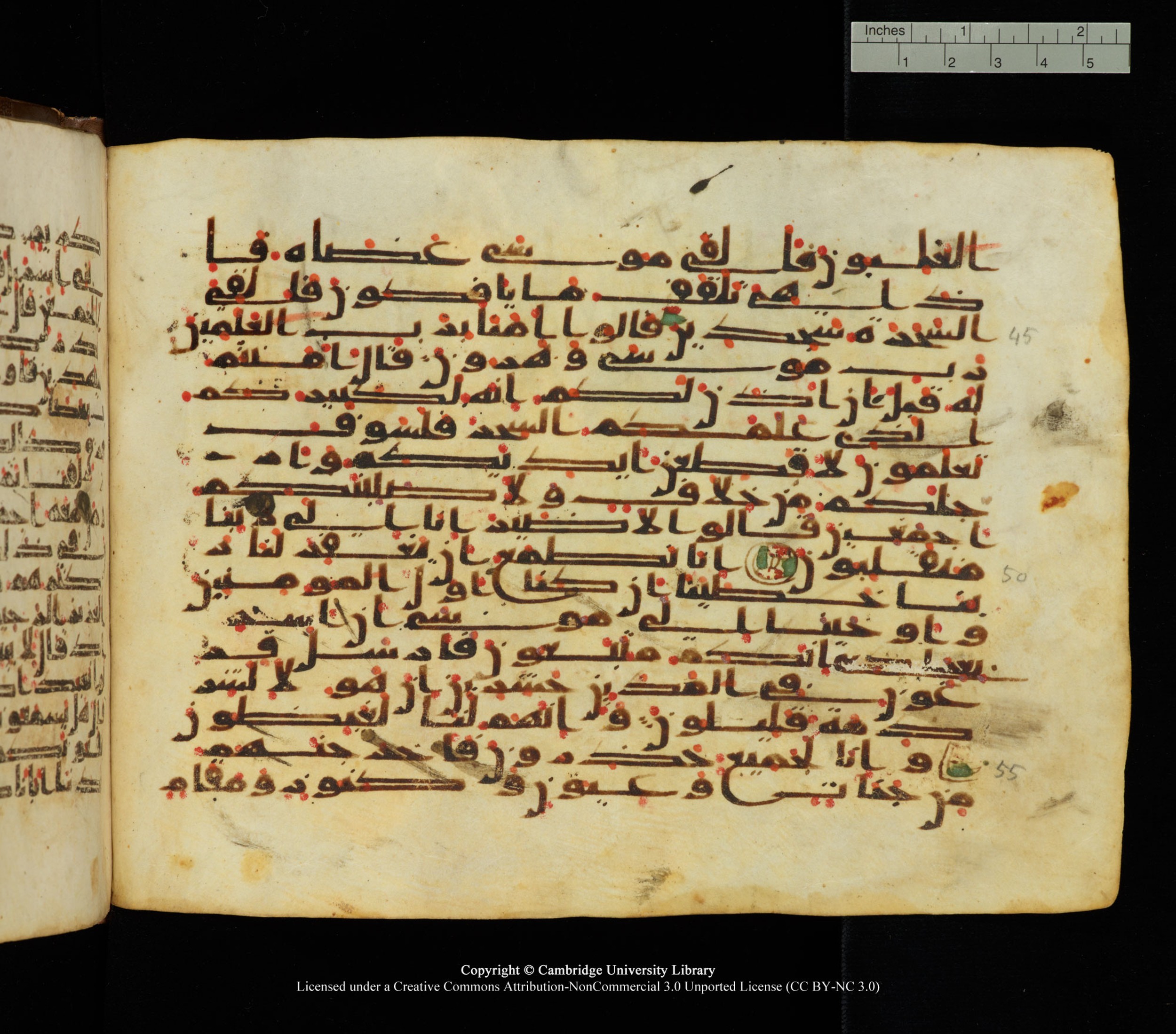 Cambridge University Library, MS Add.1139, in Kūfī C II script, showing Surah 26:45 from 10th or 11th century AD found in Sinai Peninsula, currently housed at Cambridge University Library, Cambridge