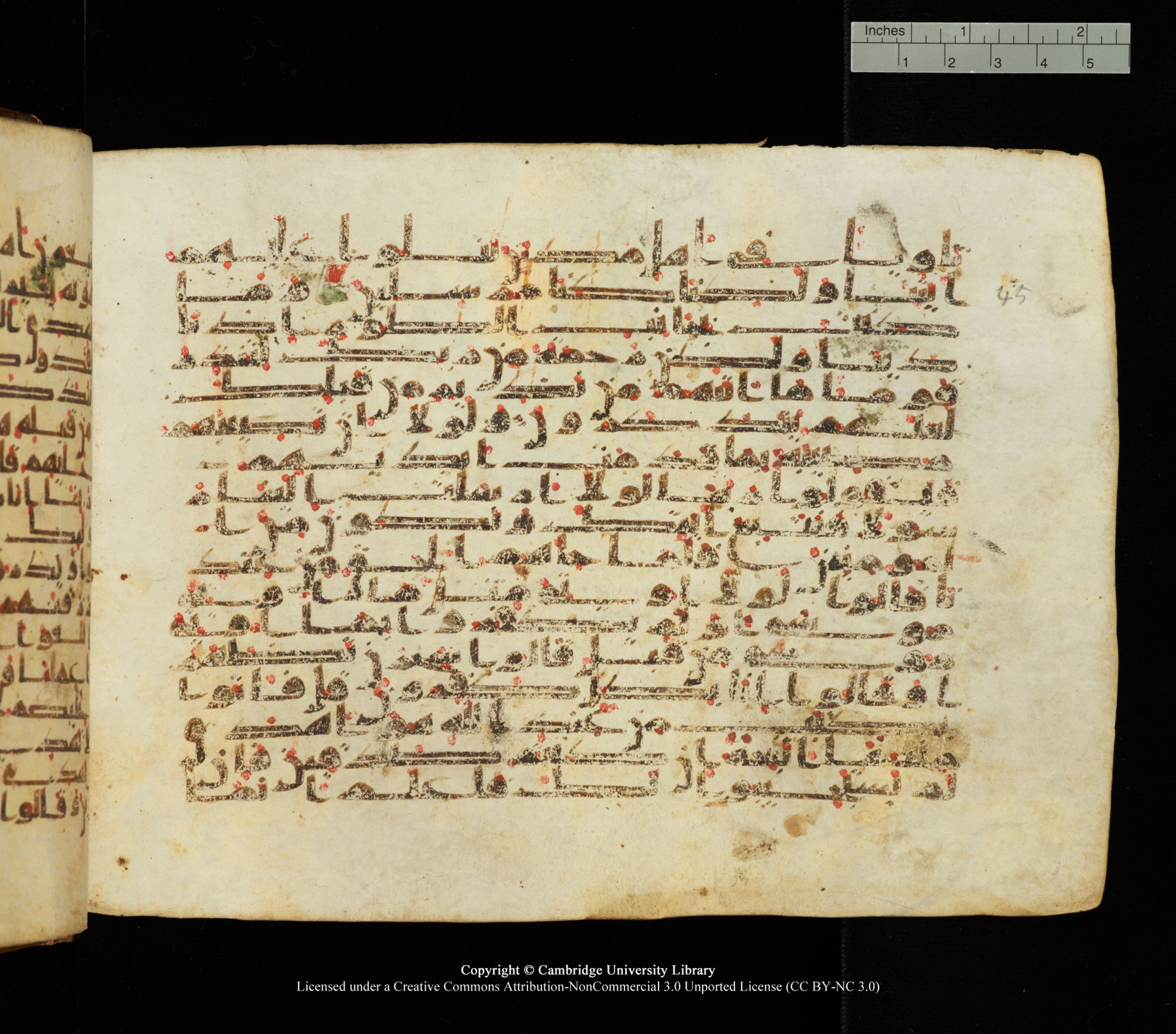 Cambridge University Library, MS Add.1139, in Kūfī C II script, showing Surah 28:49 from 10th or 11th century AD found in Sinai Peninsula, currently housed at Cambridge University Library, Cambridge