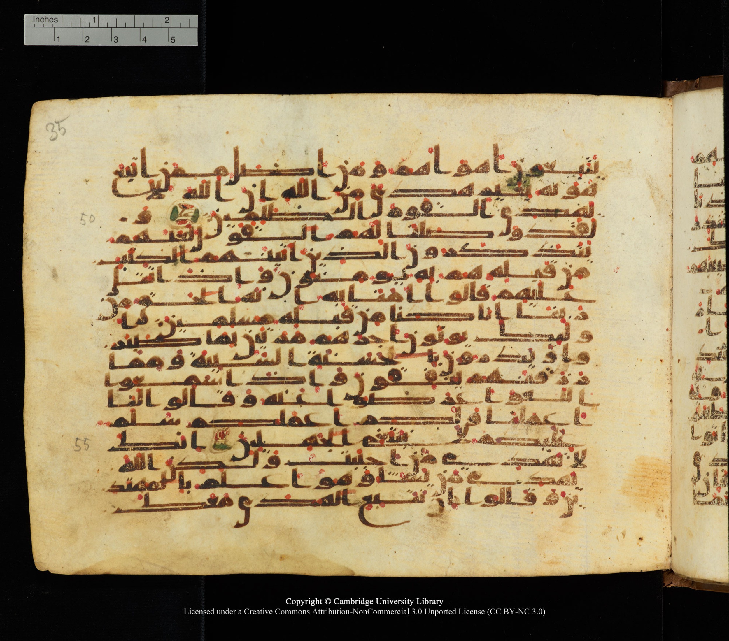 Cambridge University Library, MS Add.1139, in Kūfī C II script, showing Surah 28:52 from 10th or 11th century AD found in Sinai Peninsula, currently housed at Cambridge University Library, Cambridge