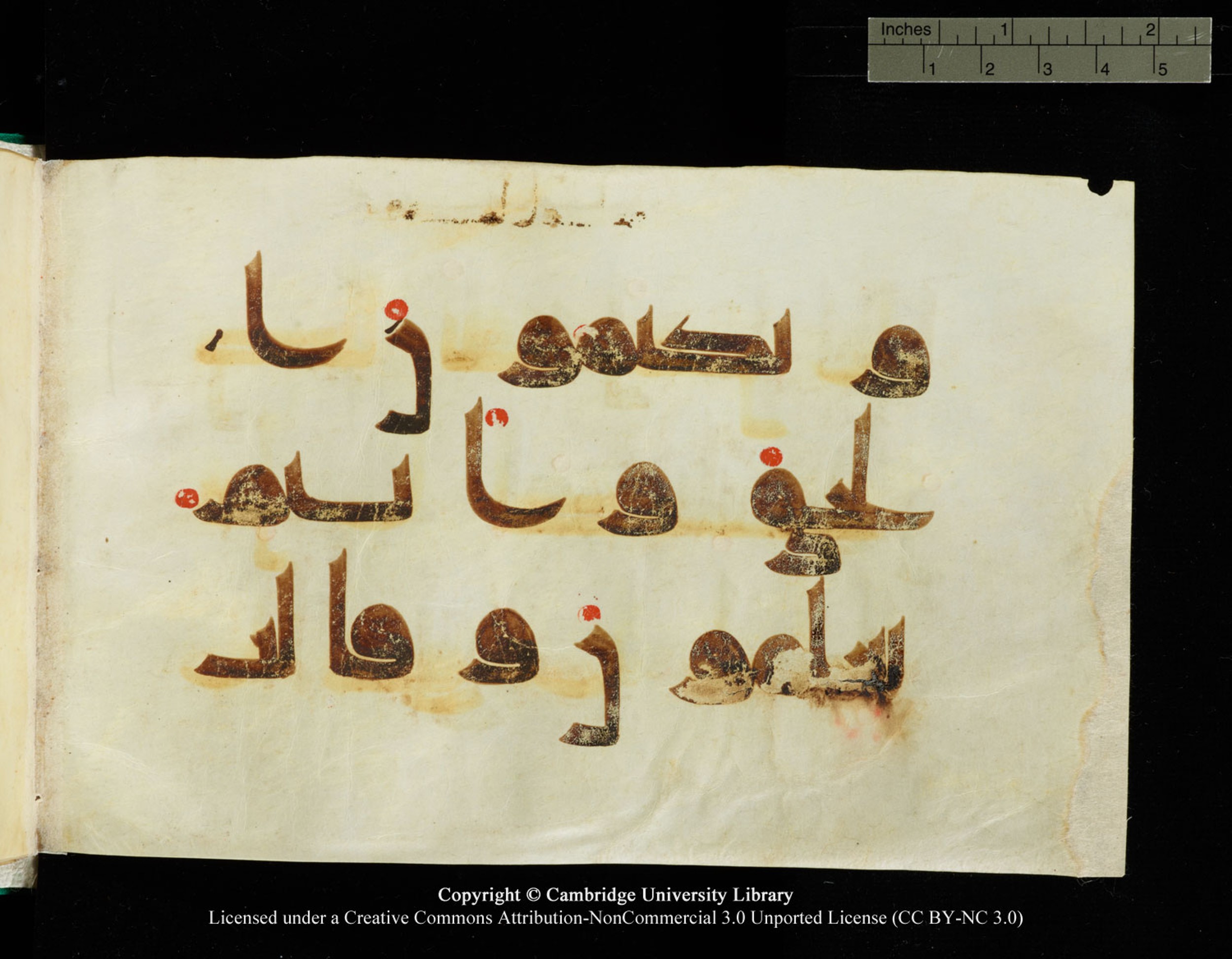 Cambridge, Cambridge University Library, MS Add.1116 (Scan 2), in Kūfī D.I script, showing Surah 3:71 from 9th Century AD (before 876 AD) found in Sinai Peninsula, currently housed at Cambridge University Library, Cambridge, UK