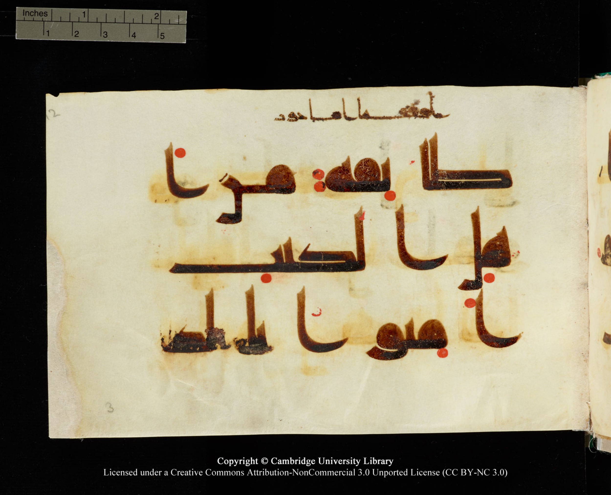 Cambridge, Cambridge University Library, MS Add.1116 (Scan 2), in Kūfī D.I script, showing Surah 3:72 from 9th Century AD (before 876 AD) found in Sinai Peninsula, currently housed at Cambridge University Library, Cambridge, UK