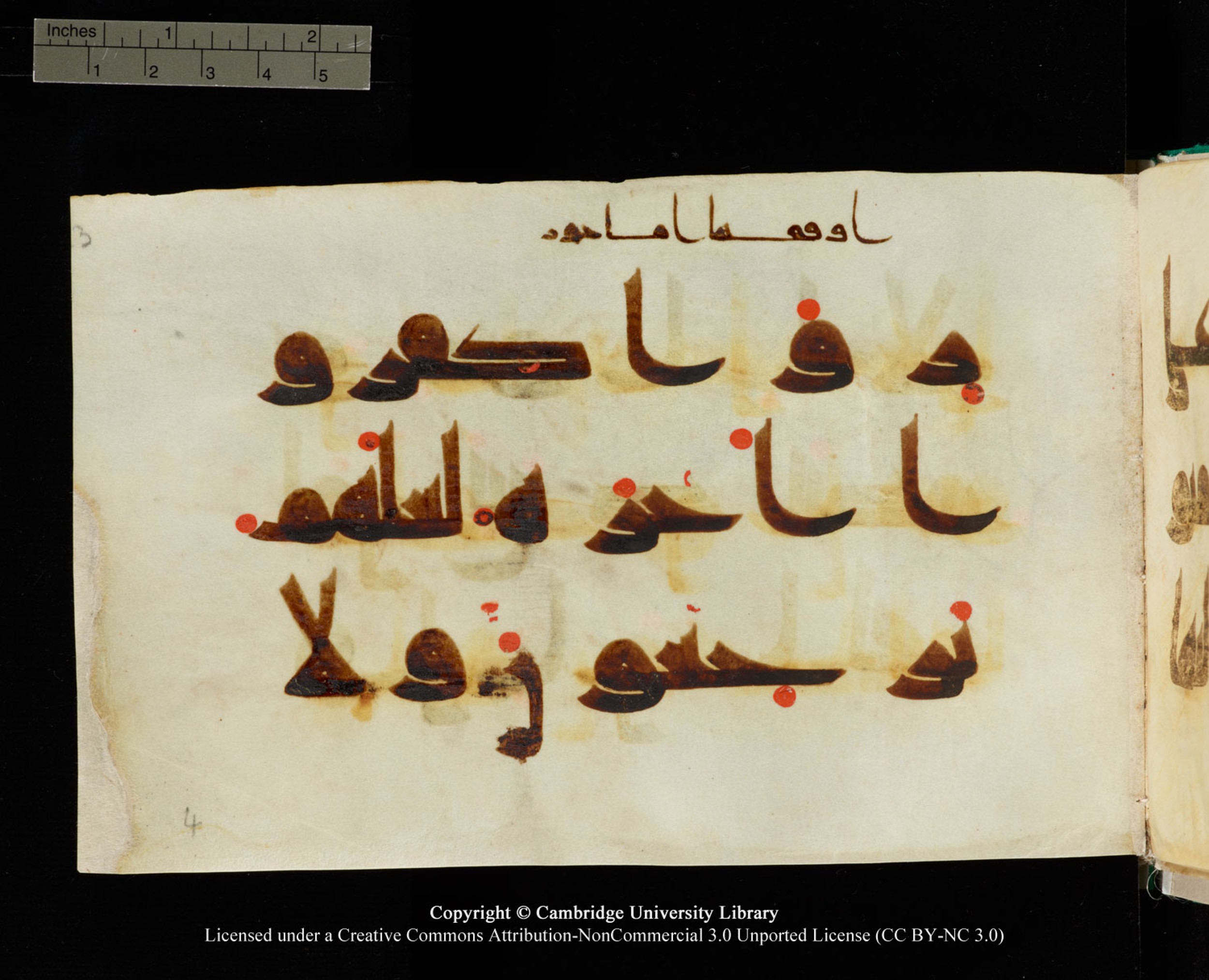 Cambridge, Cambridge University Library, MS Add.1116 (Scan 1), in Kūfī D.I script, showing Surah 3:73 from 9th Century AD (before 876 AD) found in Sinai Peninsula, currently housed at Cambridge University Library, Cambridge, UK