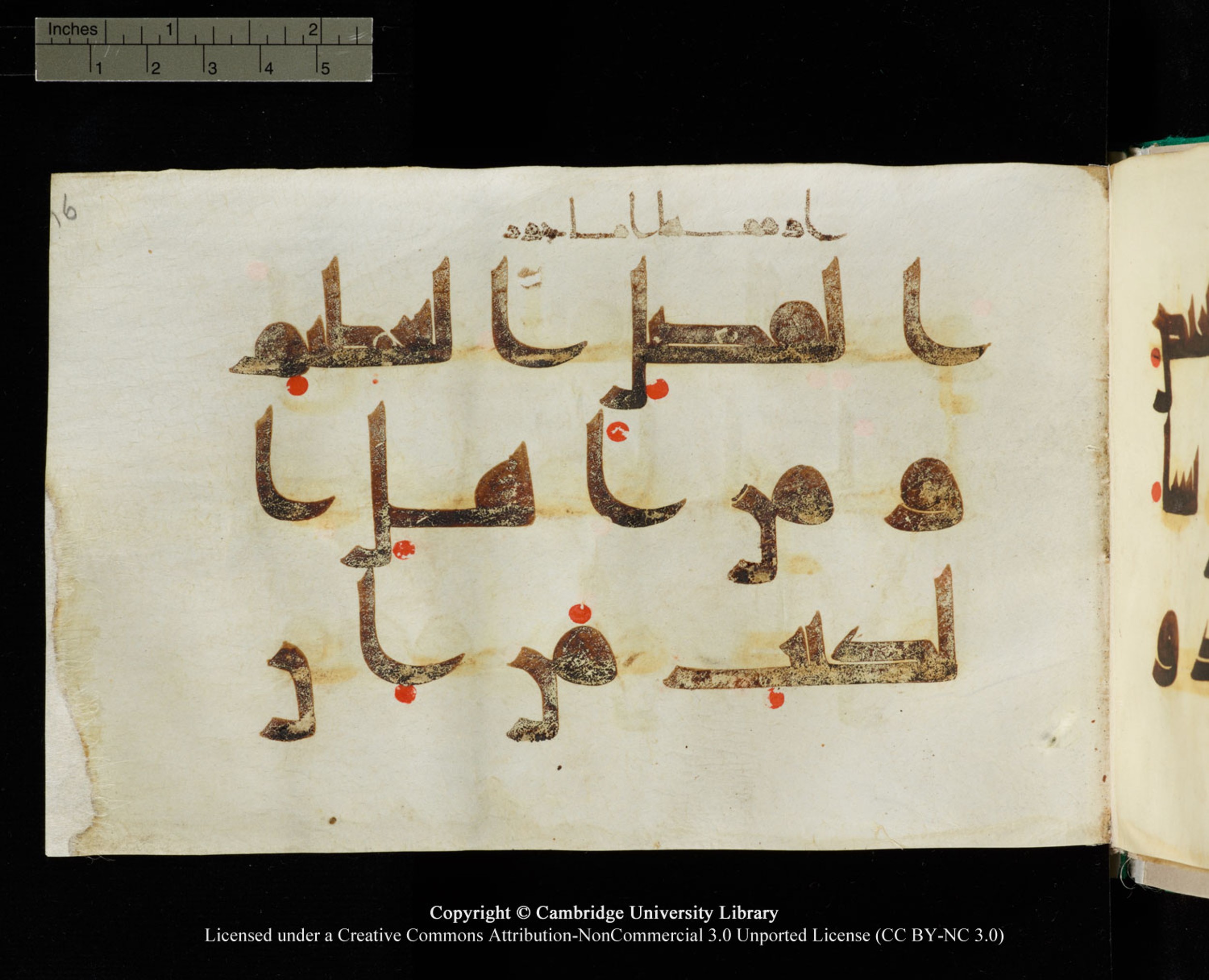 Cambridge, Cambridge University Library, MS Add.1116 (Scan 1), in Kūfī D.I script, showing Surah 3:75 from 9th Century AD (before 876 AD) found in Sinai Peninsula, currently housed at Cambridge University Library, Cambridge, UK