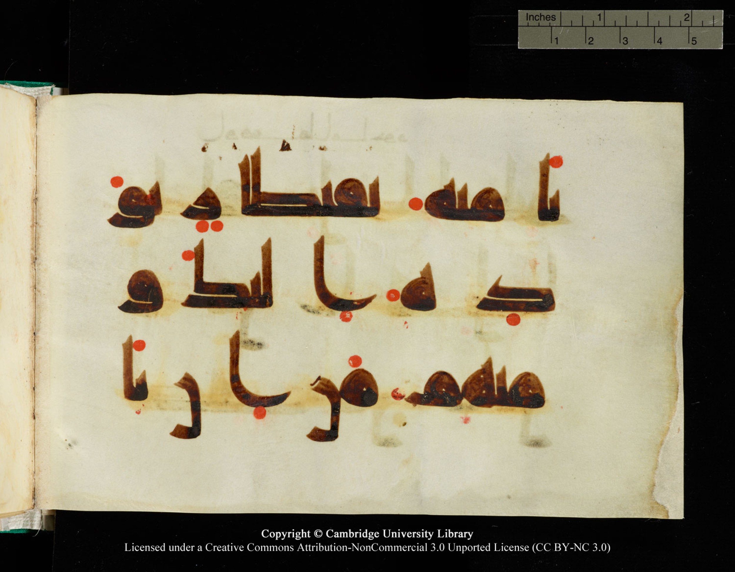 Cambridge, Cambridge University Library, MS Add.1116 (Scan 2), in Kūfī D.I script, showing Surah 3:75 from 9th Century AD (before 876 AD) found in Sinai Peninsula, currently housed at Cambridge University Library, Cambridge, UK