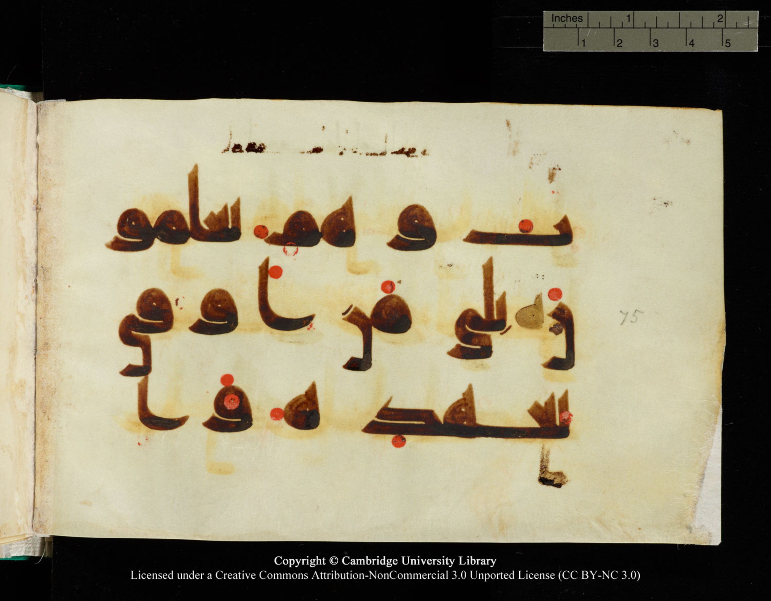 Cambridge, Cambridge University Library, MS Add.1116 (Scan 6), in Kūfī D.I script, showing Surah 3:75 from 9th Century AD (before 876 AD) found in Sinai Peninsula, currently housed at Cambridge University Library, Cambridge, UK