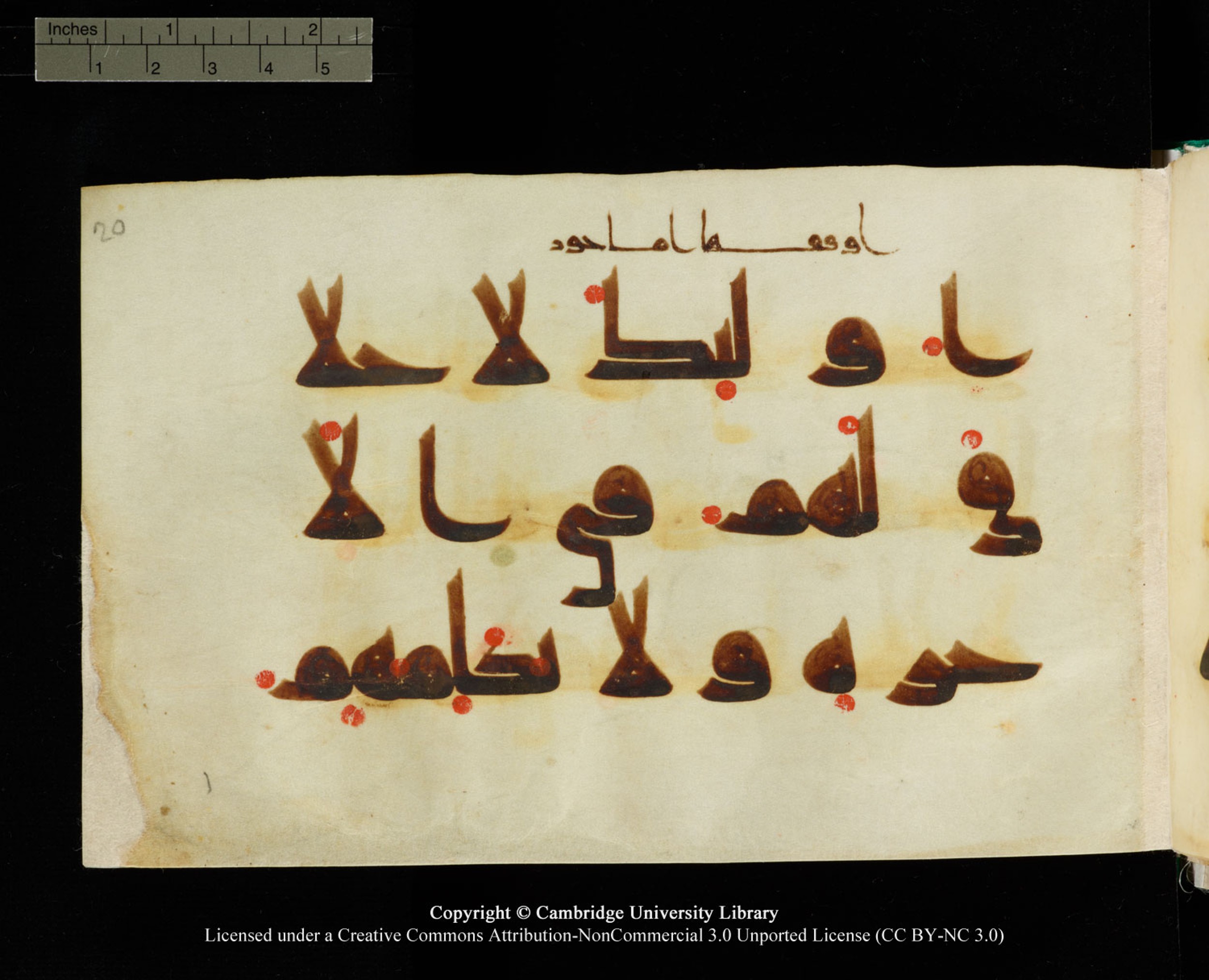 Cambridge, Cambridge University Library, MS Add.1116 (Scan 3), in Kūfī D.I script, showing Surah 3:77 from 9th Century AD (before 876 AD) found in Sinai Peninsula, currently housed at Cambridge University Library, Cambridge, UK