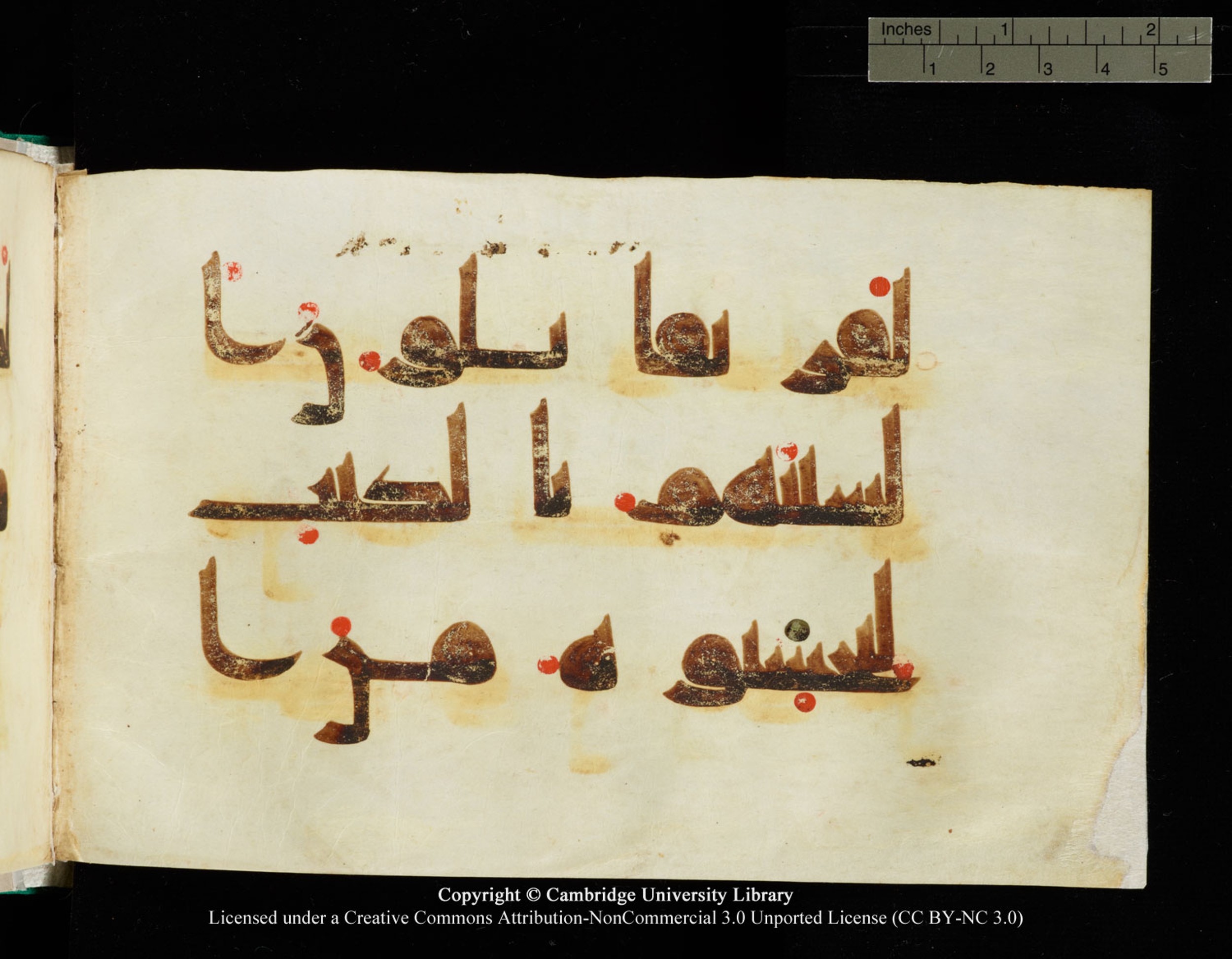 Cambridge, Cambridge University Library, MS Add.1116 (Scan 2), in Kūfī D.I script, showing Surah 3:78 from 9th Century AD (before 876 AD) found in Sinai Peninsula, currently housed at Cambridge University Library, Cambridge, UK