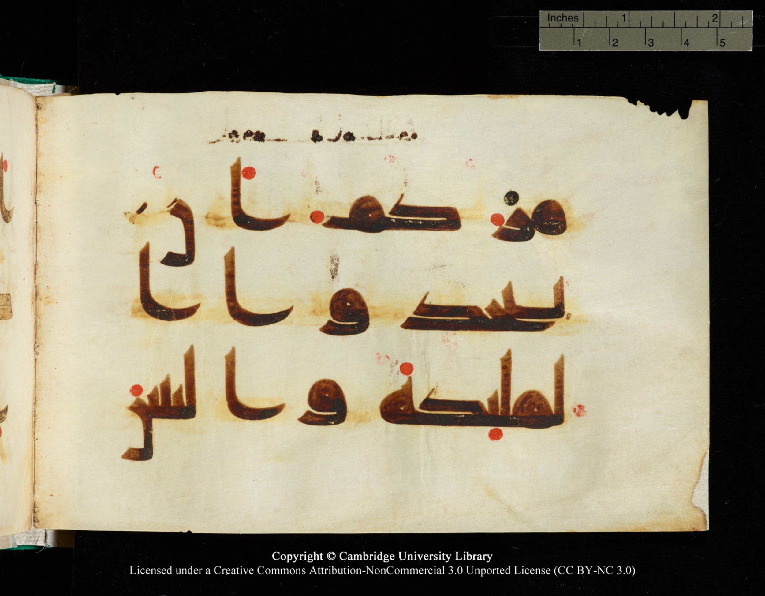 Cambridge, Cambridge University Library, MS Add.1116 (Scan 2), in Kūfī D.I script, showing Surah 3:80 from 9th Century AD (before 876 AD) found in Sinai Peninsula, currently housed at Cambridge University Library, Cambridge, UK