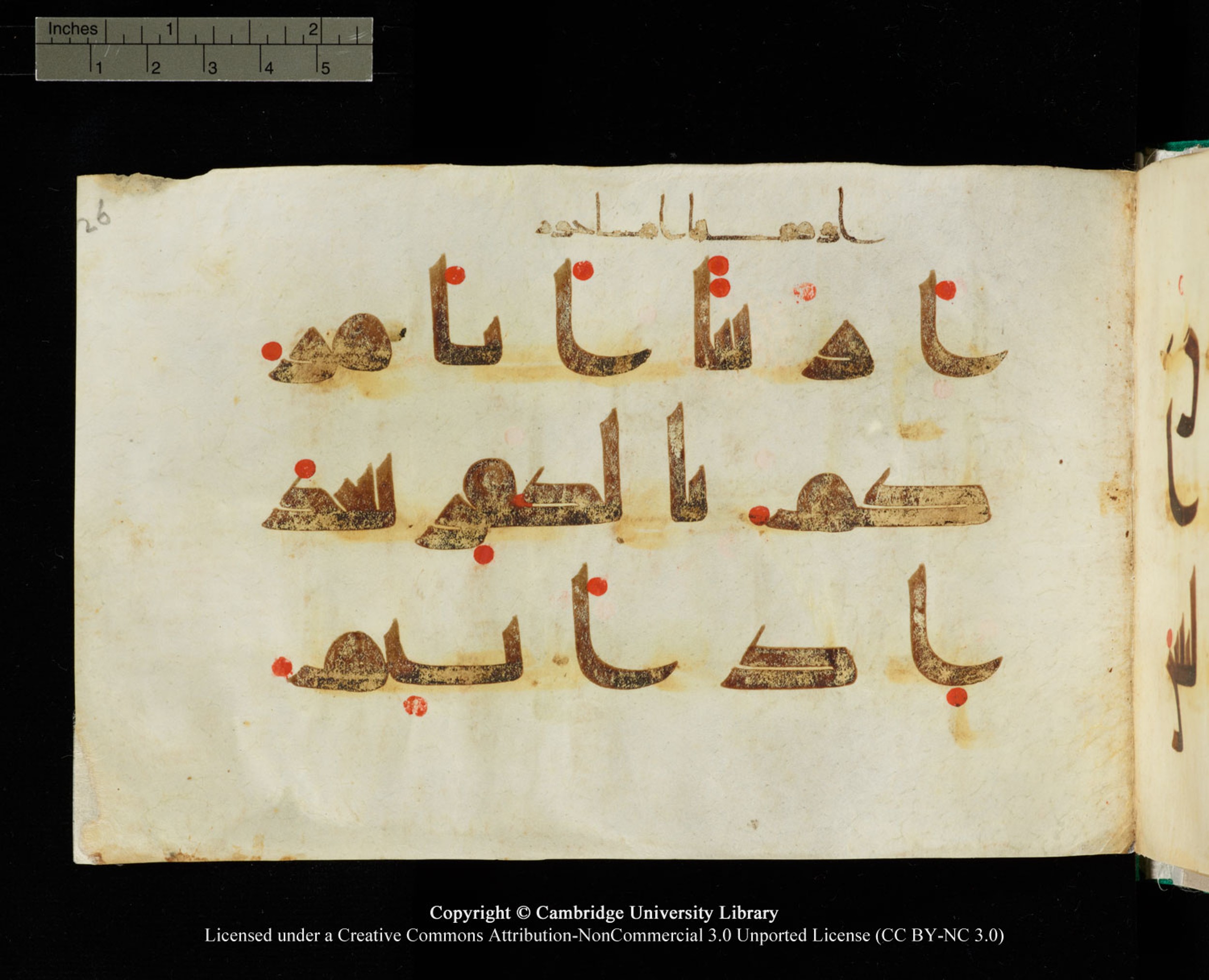 Cambridge, Cambridge University Library, MS Add.1116 (Scan 3), in Kūfī D.I script, showing Surah 3:80 from 9th Century AD (before 876 AD) found in Sinai Peninsula, currently housed at Cambridge University Library, Cambridge, UK