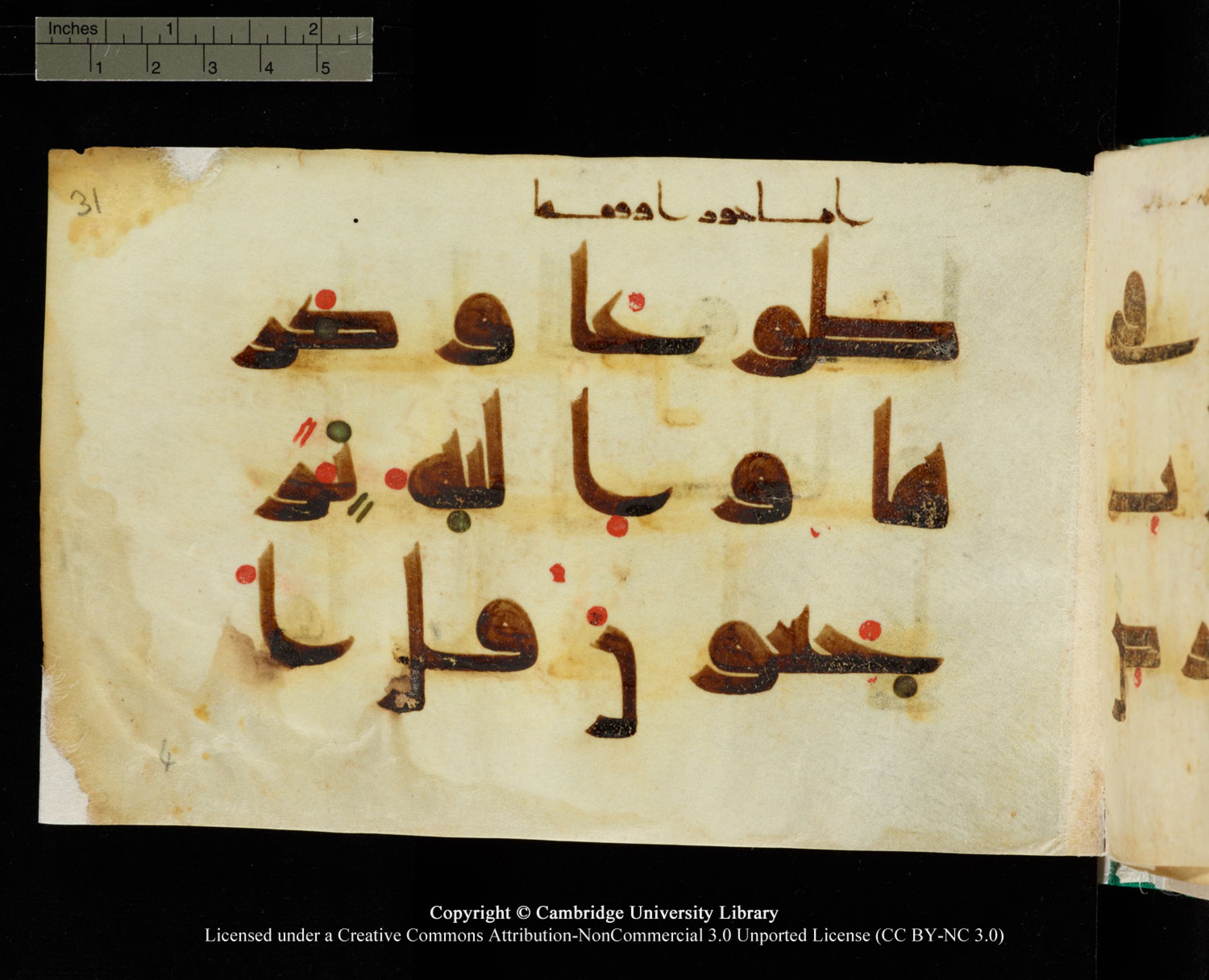 Cambridge, Cambridge University Library, MS Add.1116 (Scan 1), in Kūfī D.I script, showing Surah 3:84 from 9th Century AD (before 876 AD) found in Sinai Peninsula, currently housed at Cambridge University Library, Cambridge, UK