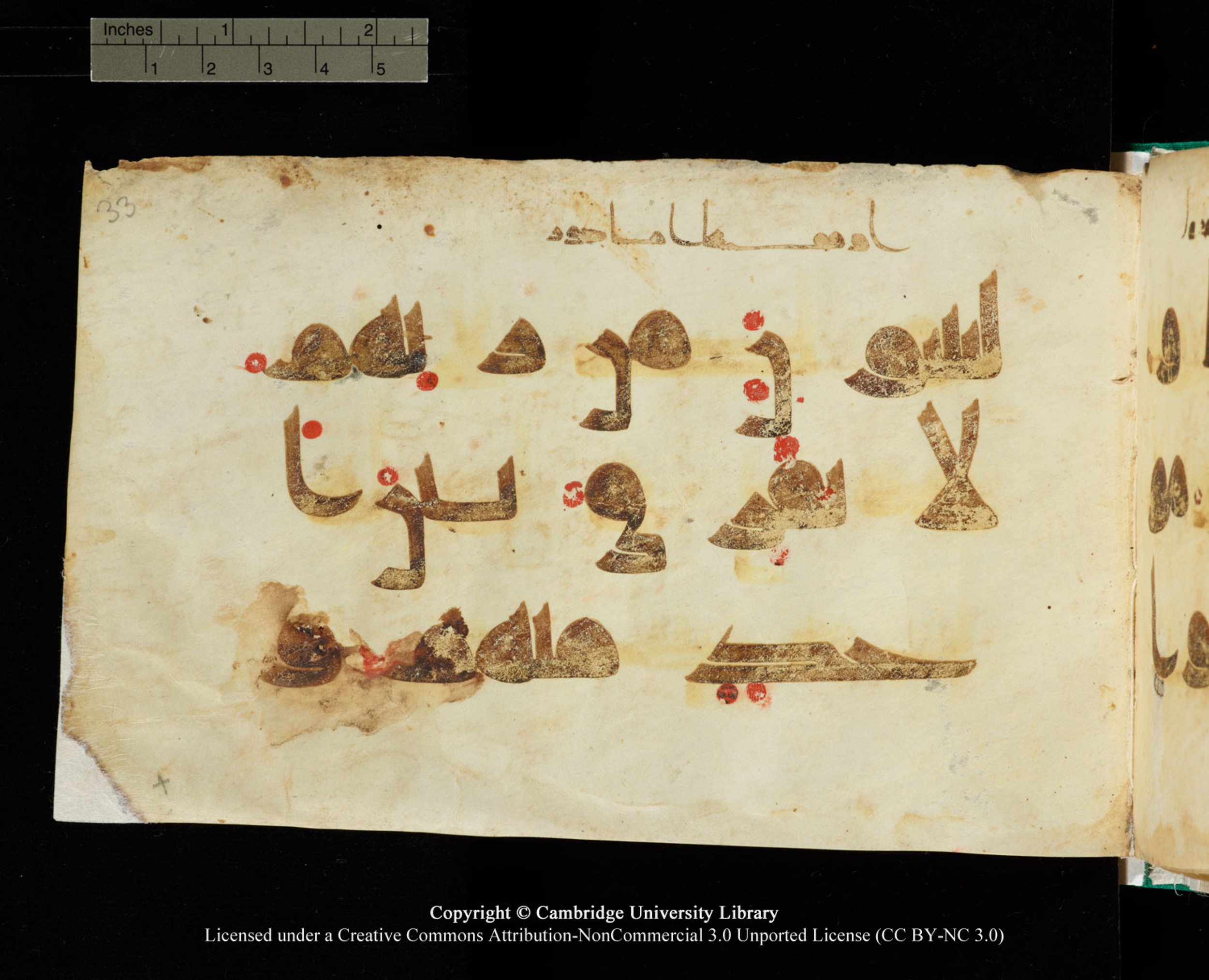 Cambridge, Cambridge University Library, MS Add.1116 (Scan 5), in Kūfī D.I script, showing Surah 3:84 from 9th Century AD (before 876 AD) found in Sinai Peninsula, currently housed at Cambridge University Library, Cambridge, UK