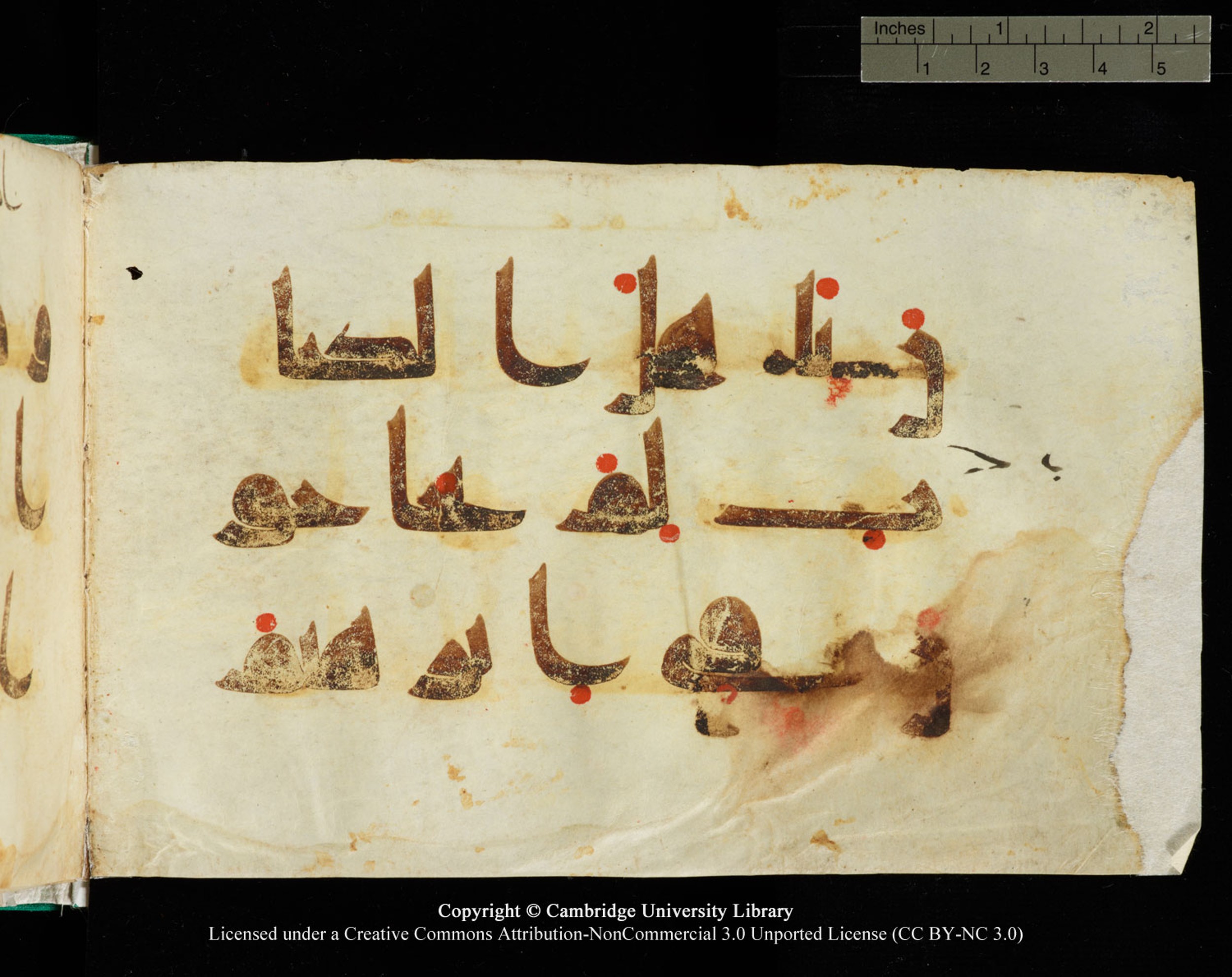 Cambridge, Cambridge University Library, MS Add.1116 (Scan 1), in Kūfī D.I script, showing Surah 3:65 from 9th Century AD (before 876 AD) found in Sinai Peninsula, currently housed at Cambridge University Library, Cambridge, UK
