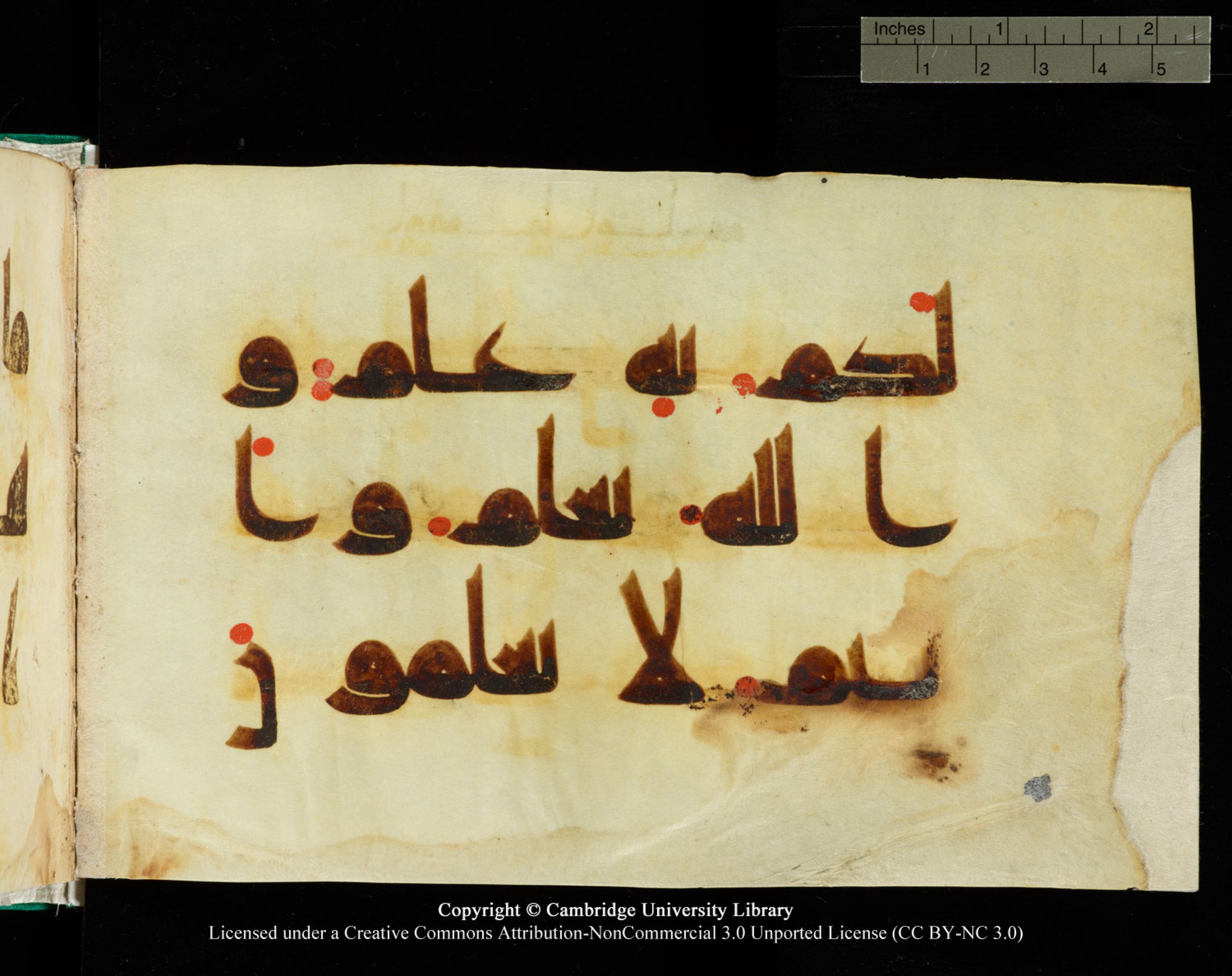 Cambridge, Cambridge University Library, MS Add.1116 (Scan 3), in Kūfī D.I script, showing Surah 3:66 from 9th Century AD (before 876 AD) found in Sinai Peninsula, currently housed at Cambridge University Library, Cambridge, UK