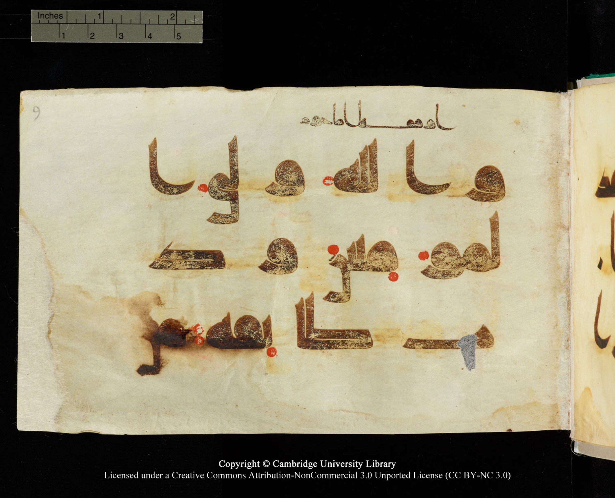 Cambridge, Cambridge University Library, MS Add.1116 (Scan 2), in Kūfī D.I script, showing Surah 3:69 from 9th Century AD (before 876 AD) found in Sinai Peninsula, currently housed at Cambridge University Library, Cambridge, UK