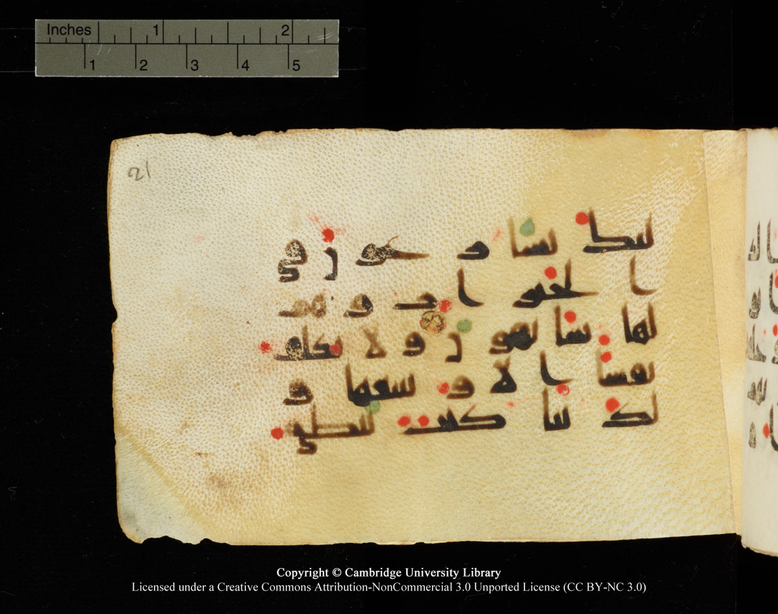 Cambridge University Library MS Add.1138 (Scan 1), in kūfī D.Va script, showing Surah 23:62 from 9th to 10th Century AD found in Sinai Peninsula, currently housed at Cambridge University Library, Cambridge