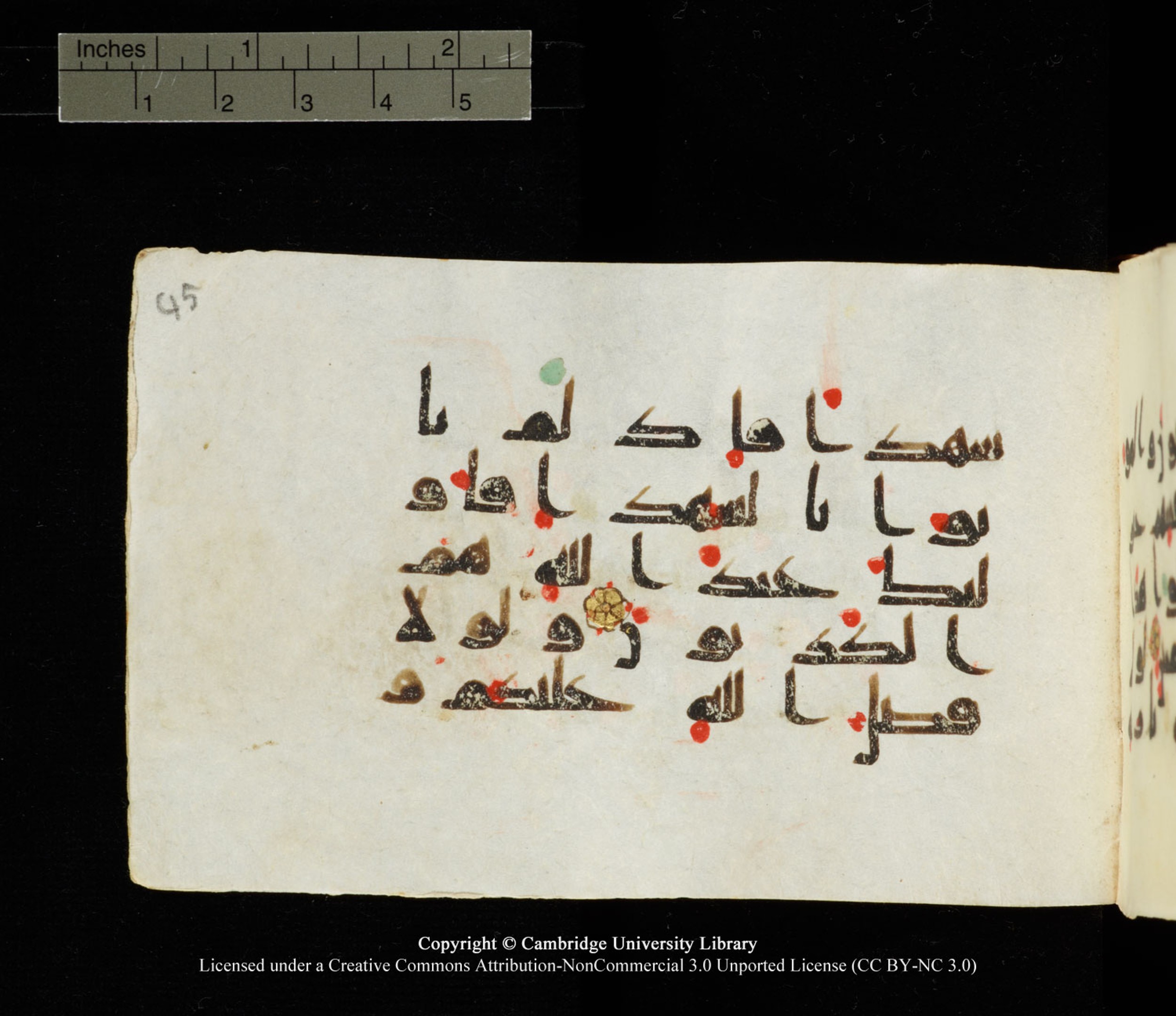 Cambridge University Library MS Add.1138 (Scan 1), in kūfī D.Va script, showing Surah 24:14 from 9th to 10th Century AD found in Sinai Peninsula, currently housed at Cambridge University Library, Cambridge