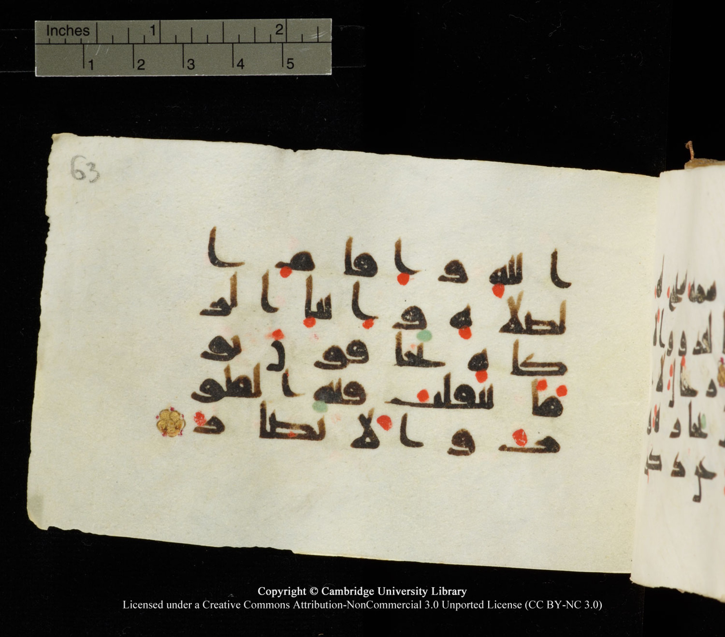 Cambridge University Library MS Add.1138 (Scan 2), in kūfī D.Va script, showing Surah 24:37 from 9th to 10th Century AD found in Sinai Peninsula, currently housed at Cambridge University Library, Cambridge