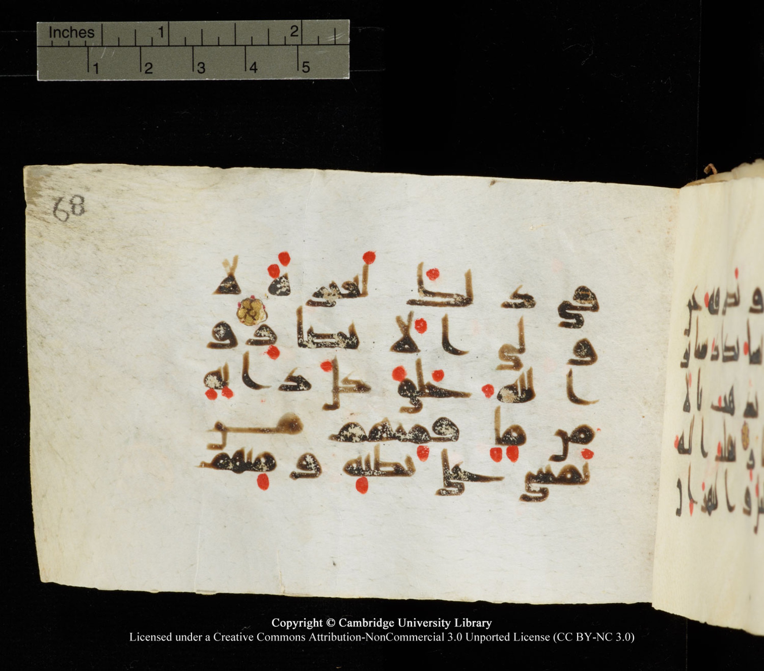 Cambridge University Library MS Add.1138 (Scan 2), in kūfī D.Va script, showing Surah 24:44 from 9th to 10th Century AD found in Sinai Peninsula, currently housed at Cambridge University Library, Cambridge