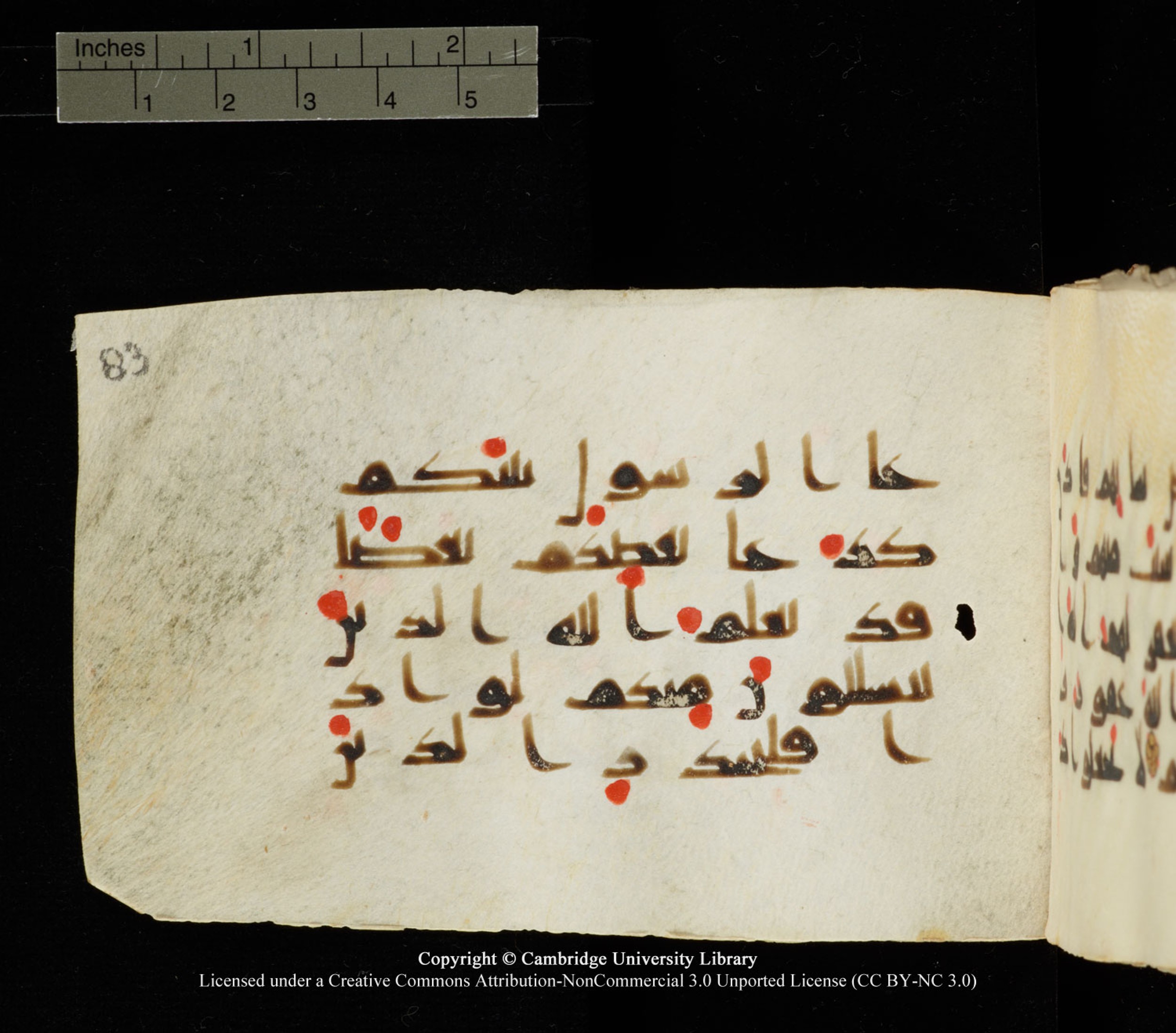 Cambridge University Library MS Add.1138 (Scan 2), in kūfī D.Va script, showing Surah 24:63 from 9th to 10th Century AD found in Sinai Peninsula, currently housed at Cambridge University Library, Cambridge