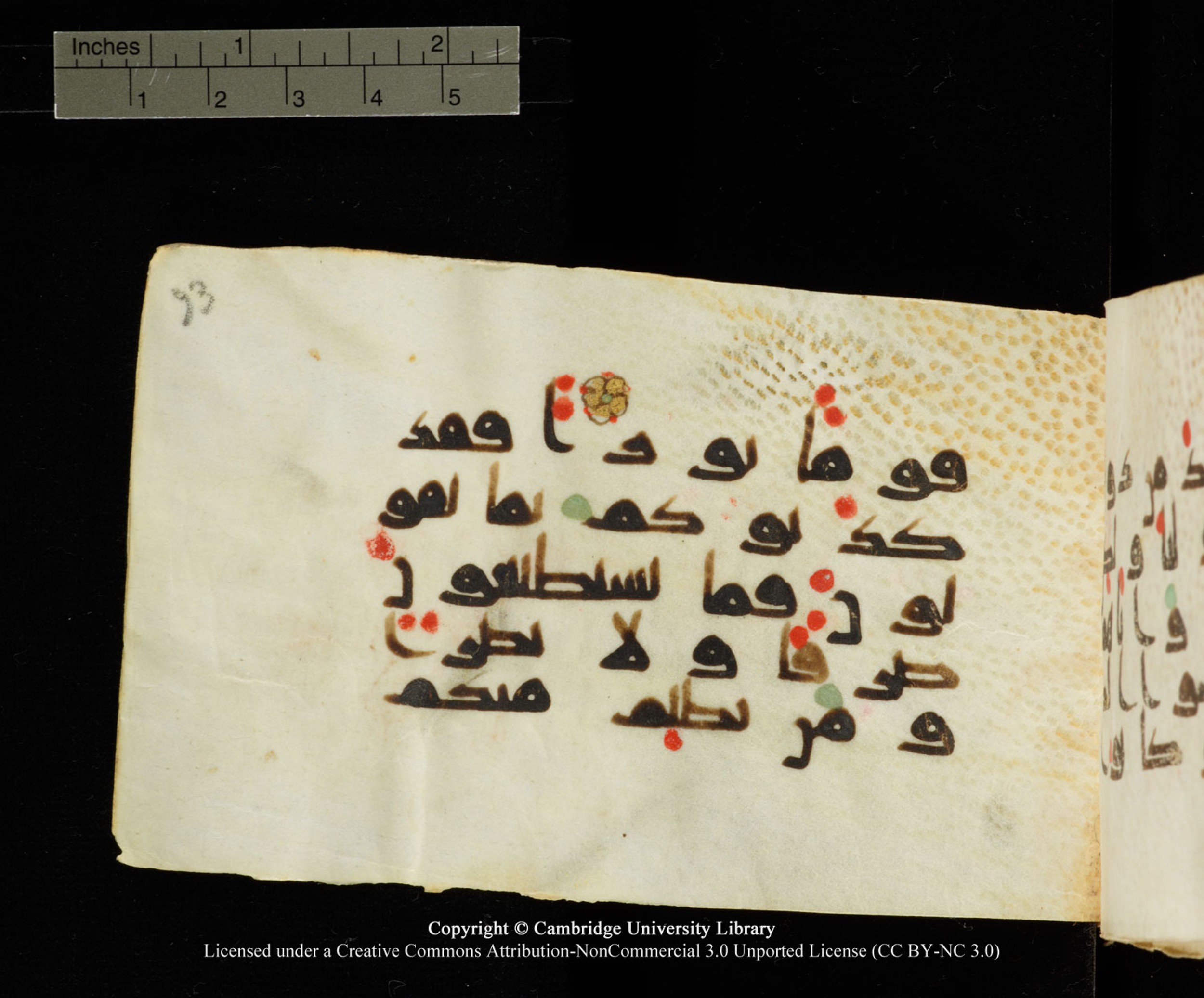 Cambridge University Library MS Add.1138 (Scan 1), in kūfī D.Va script, showing Surah 25:19 from 9th to 10th Century AD found in Sinai Peninsula, currently housed at Cambridge University Library, Cambridge