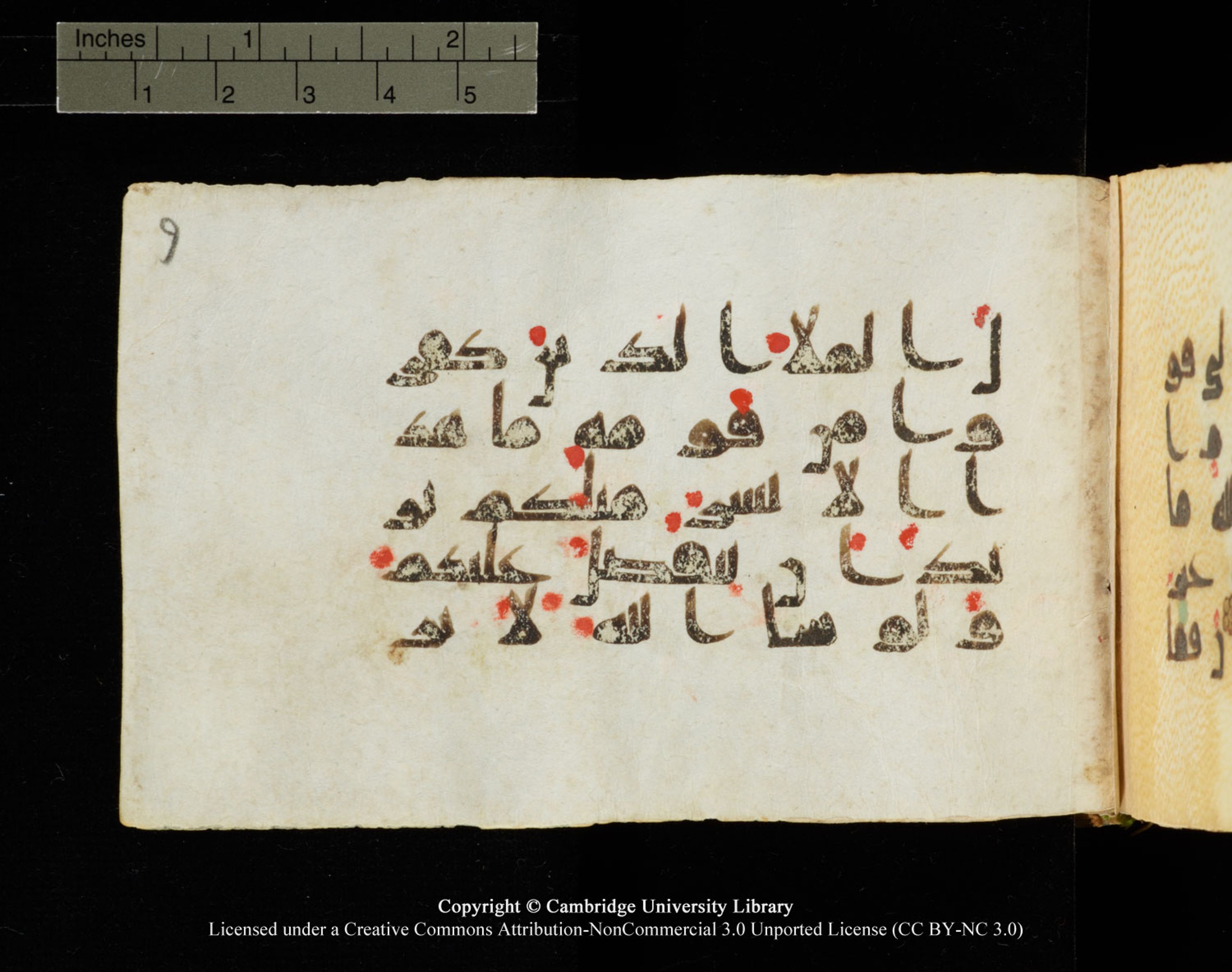Cambridge University Library MS Add.1138 (Scan 2), in kūfī D.Va script, showing Surah 23:24 from 9th to 10th Century AD found in Sinai Peninsula, currently housed at Cambridge University Library, Cambridge