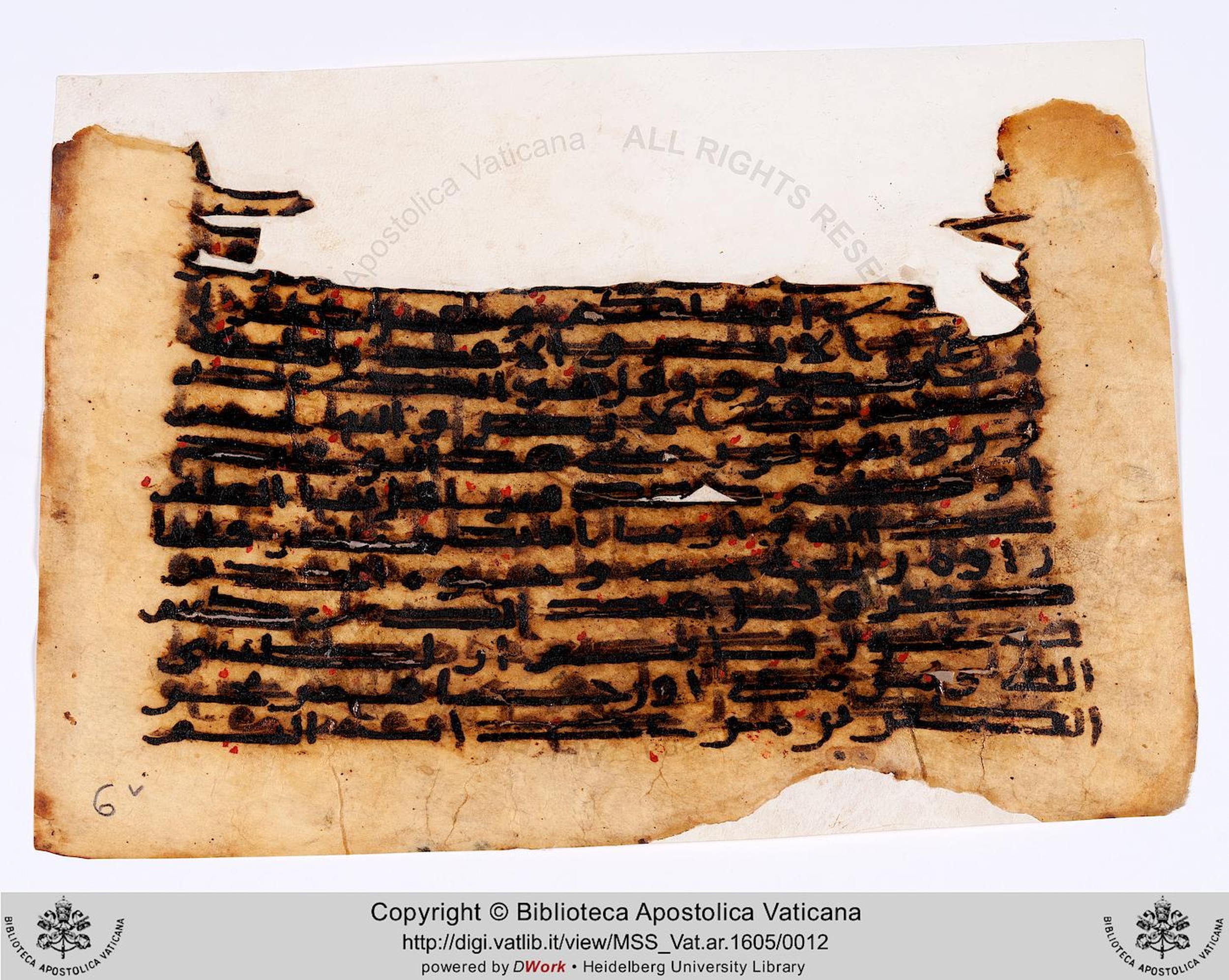 Rome, Biblioteca Apostolica Vaticana, Vat. Ar. 1605 (6), in Kūfī C script, showing Surah 67:28 from 8th to 9th Century AD found in Unknown, currently housed at Biblioteca Apostolica Vaticana, Rome