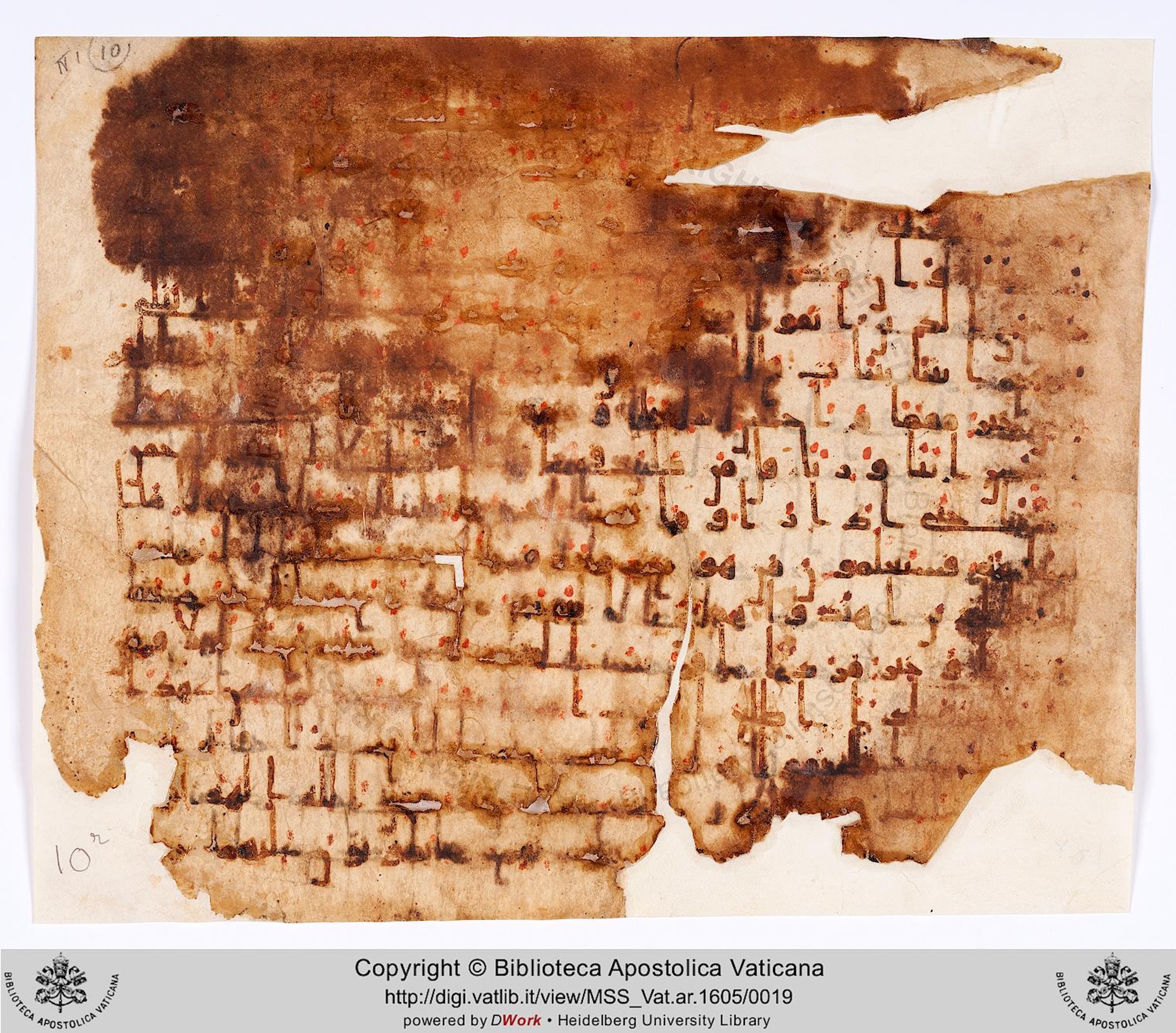 Rome, Biblioteca Apostolica Vaticana, Vat. Ar. 1605 (10), in kūfī B.Ib script, showing Surah 19:76 from Mid 7th to Mid 8th Century AD found in Fustat (Old Cairo), Egypt, currently housed at Biblioteca Apostolica Vaticana, Rome