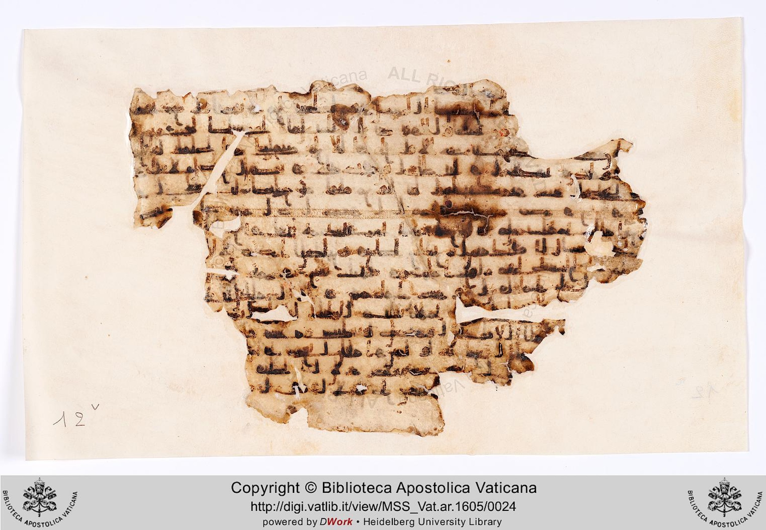 Vat. Ar. 1605 (XII), in kūfī B.Ia script, showing Surah 13:2 from Early 8th to Late 9th Century AD found in Fustat (Old Cairo), Egypt, currently housed at Biblioteca Apostolica Vaticana, Rome