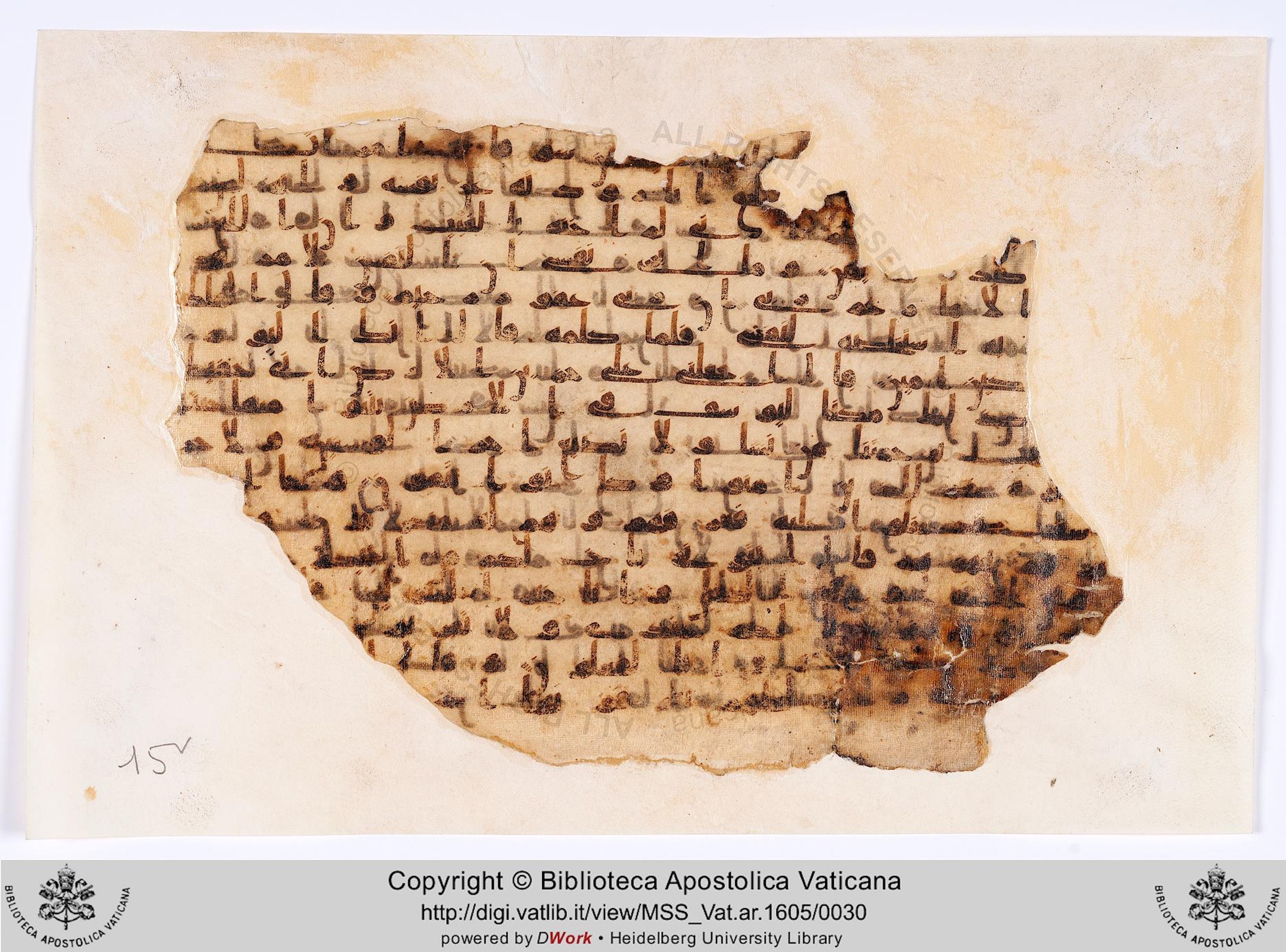Rome, Biblioteca Apostolica Vaticana, Vat. Ar. 1605 (15), in kūfī B.Ia script, showing Surah 12:52 from 8th to 9th Century AD found in al-Fusṭāṭ, Egypt, currently housed at Biblioteca Apostolica Vaticana, Rome