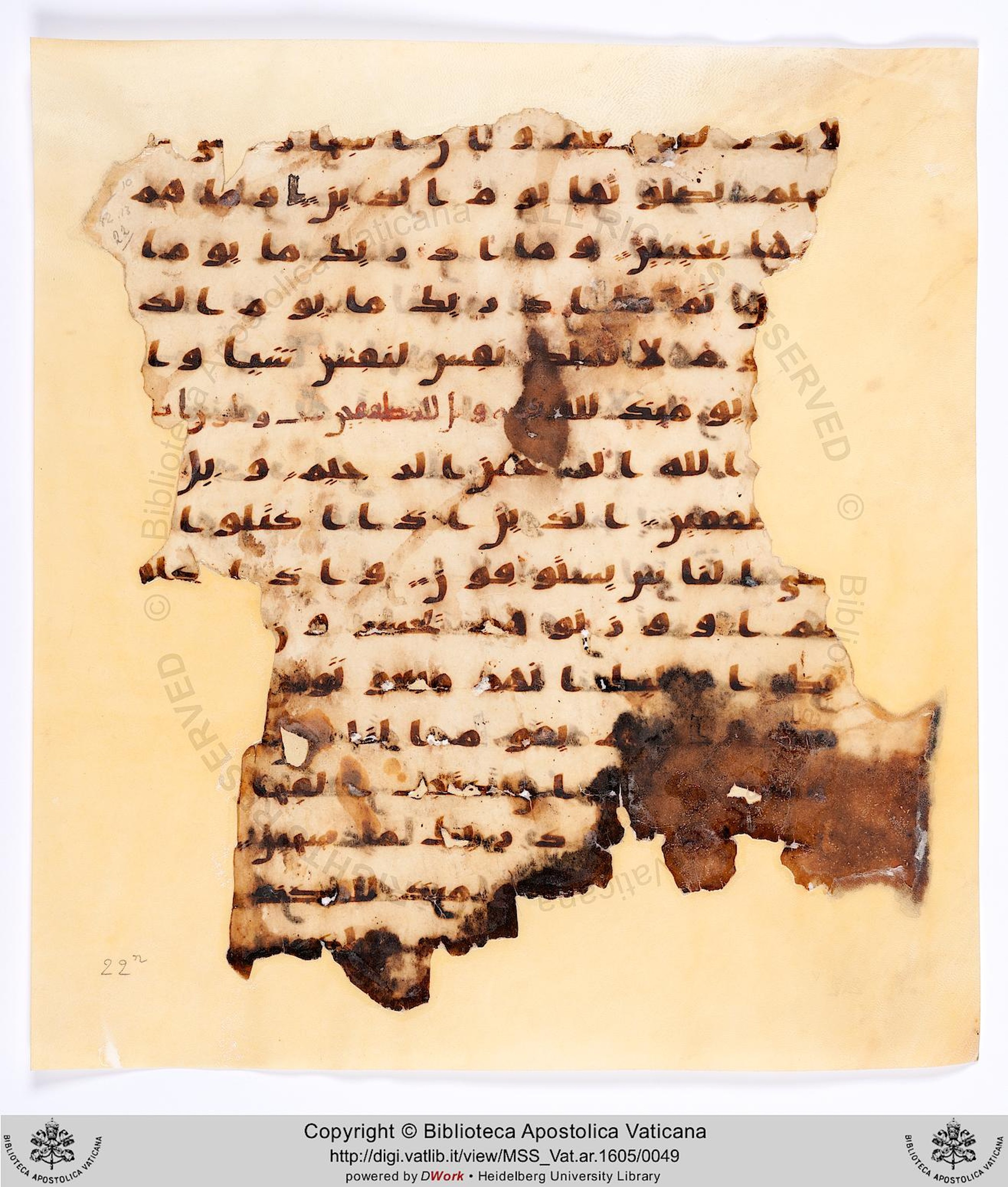 Vat. Ar. 1605 (22), in kūfī A.I script, showing Surah 82:13 from 8th Century AD found in Fustat (Old Cairo), Egypt, currently housed at Biblioteca Apostolica Vaticana, Rome