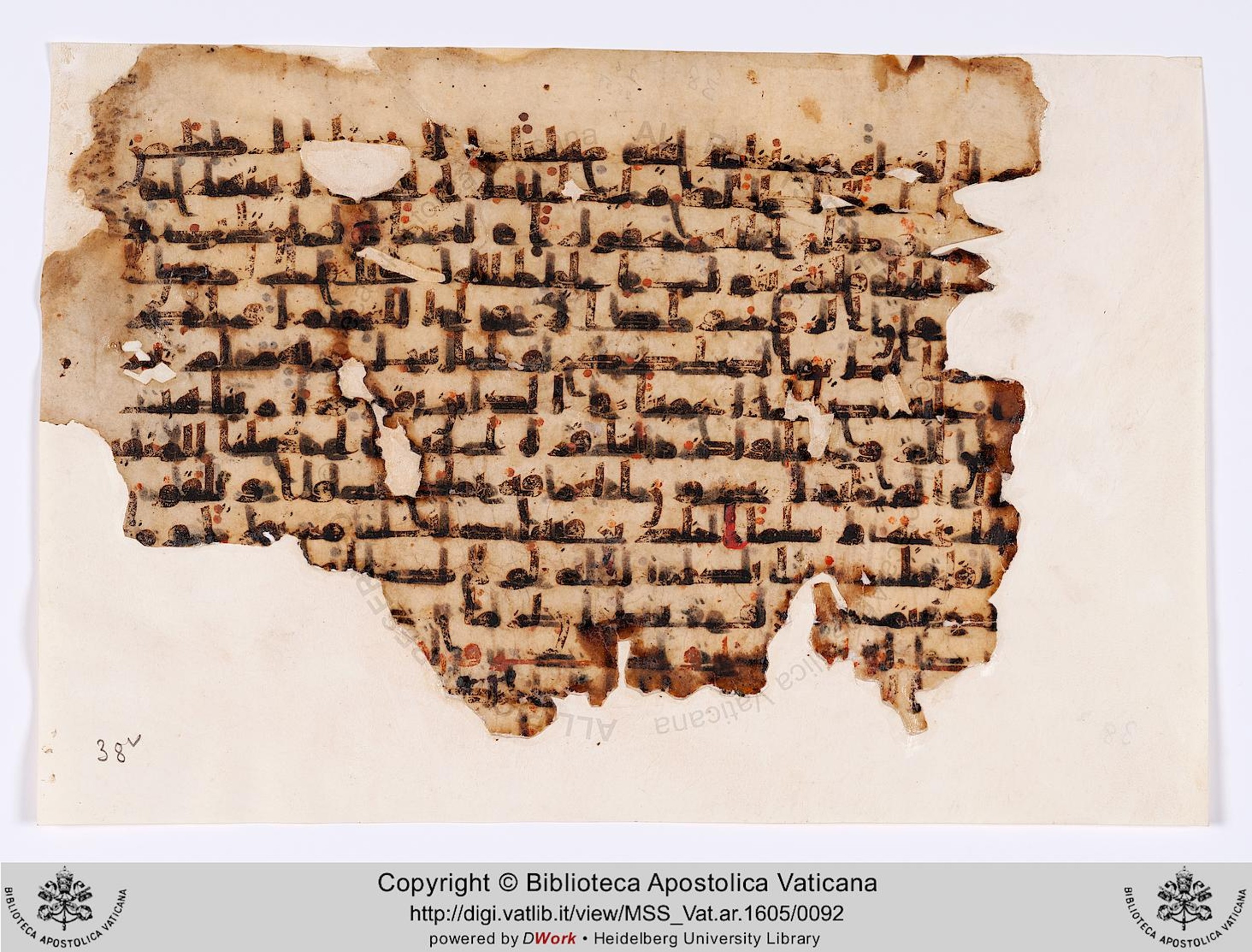 Codex Parisino-petropolitanus (Vat. Ar. 1605), in kūfī C script, showing Surah 26:2 from 8th to 9th Century AD found in Fustat (Old Cairo), Egypt, currently housed at Biblioteca Apostolica Vaticana, Rome