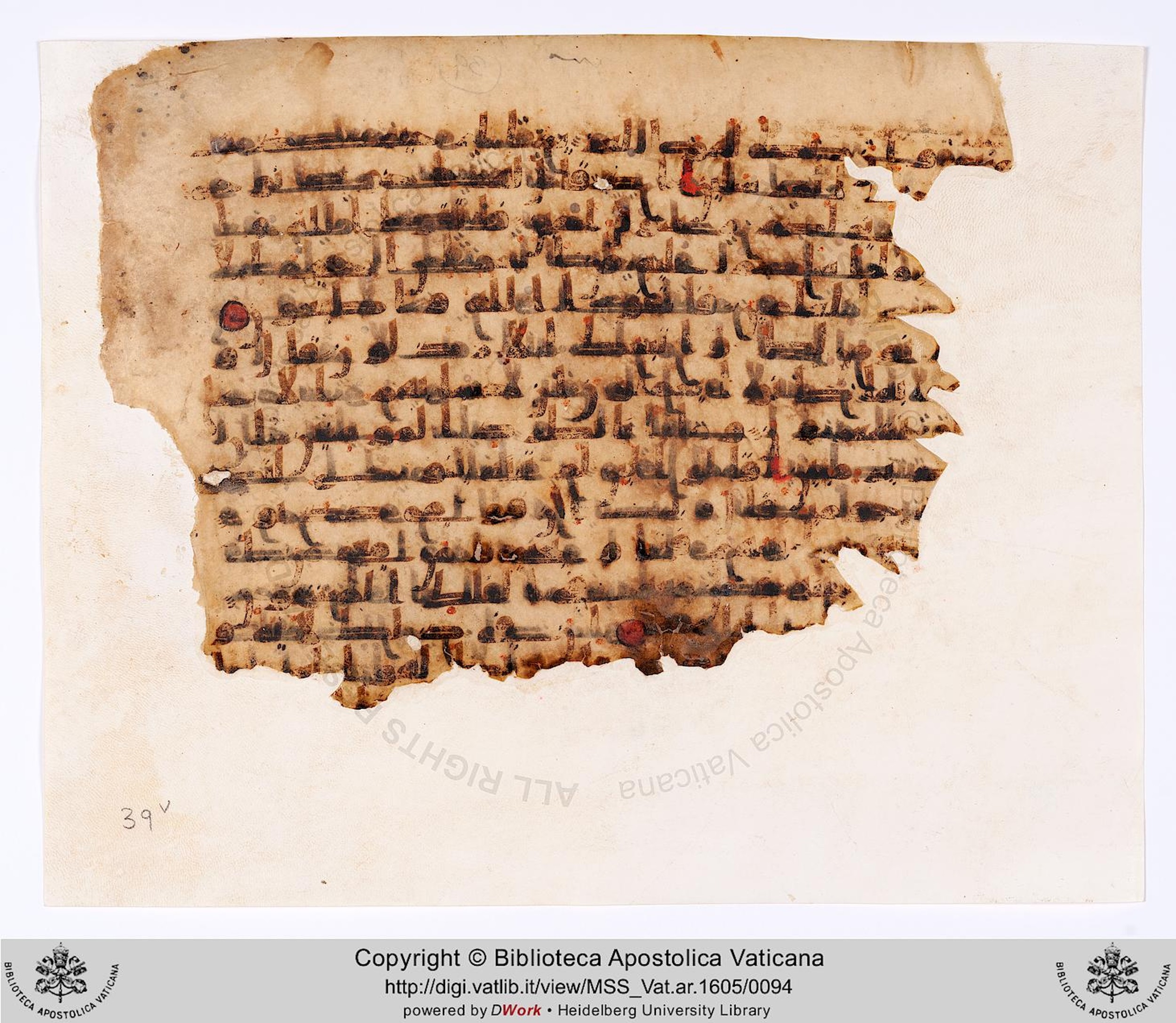 Rome, Biblioteca Apostolica Vaticana, Vat. Ar. 1605 (39), in Kūfī C script, showing Surah 26:113 from 8th to 9th Century AD found in al-Fusṭāṭ (Old Cairo), Egypt, currently housed at Biblioteca Apostolica Vaticana, Rome