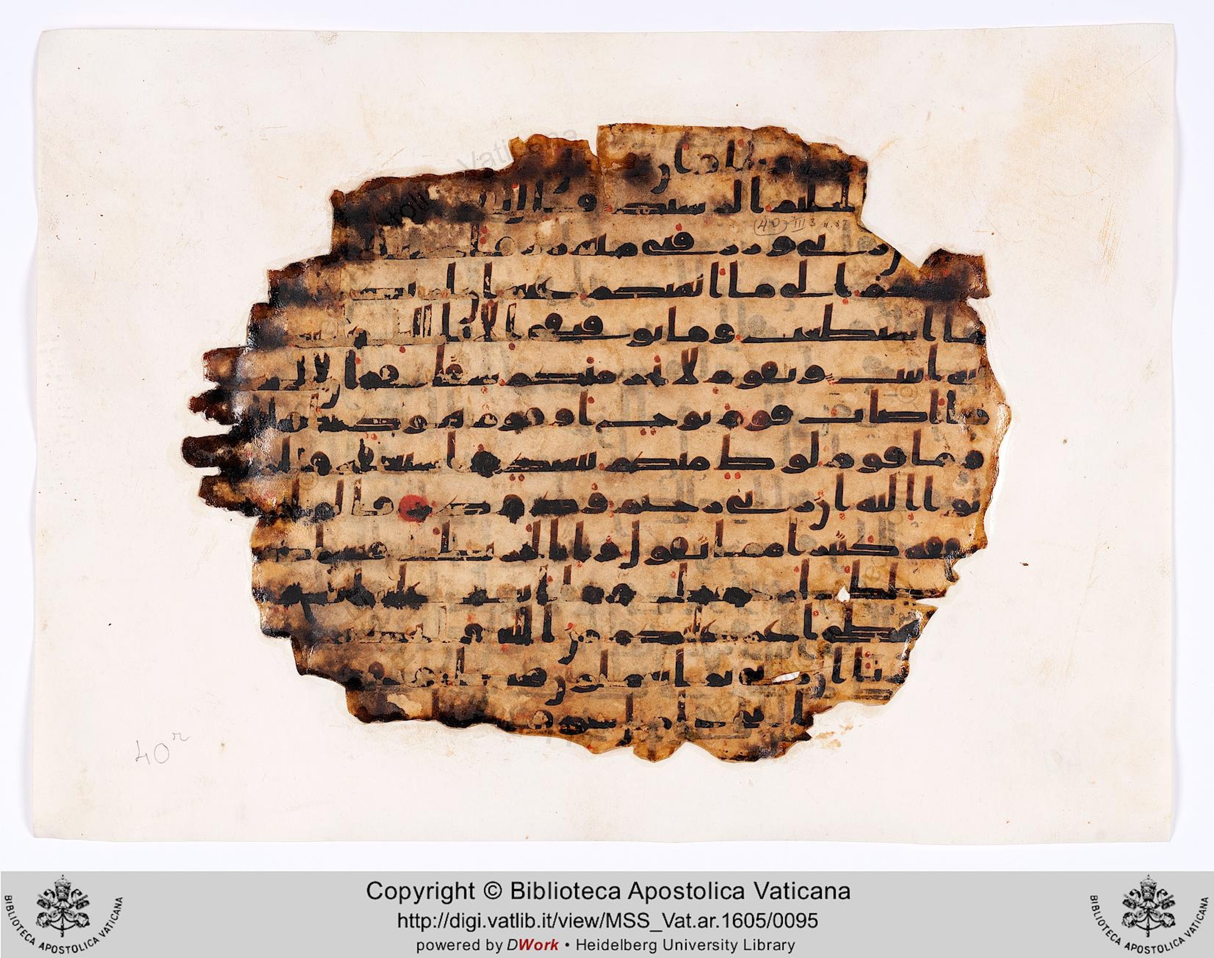 Biblioteca Apostolica Vaticana, Vat. Ar. 1605 (40), in kūfī C.Ia script, showing Surah 11:89 from 8th to 9th Century AD found in al-Fusṭāṭ (Old Cairo), Egypt, currently housed at Biblioteca Apostolica Vaticana, Rome