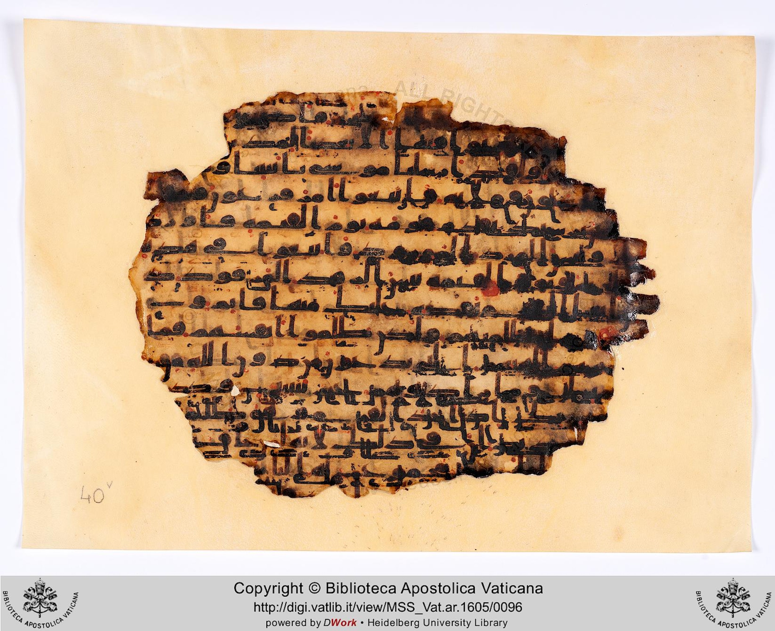Biblioteca Apostolica Vaticana, Vat. Ar. 1605 (40), in kūfī C.Ia script, showing Surah 11:98 from 8th to 9th Century AD found in al-Fusṭāṭ (Old Cairo), Egypt, currently housed at Biblioteca Apostolica Vaticana, Rome