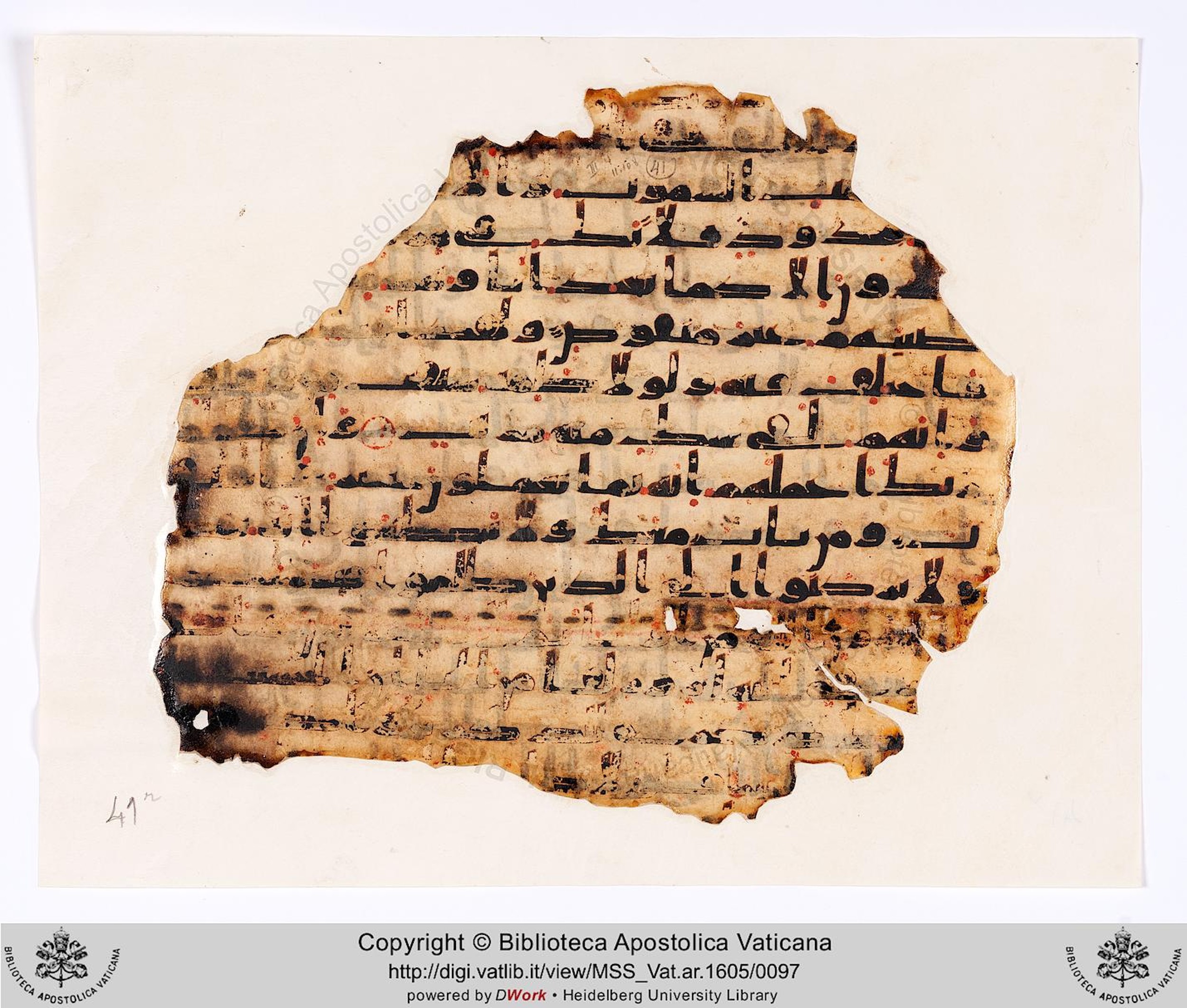 Vat. Ar. 1605 (41), in kūfī C.Ia script, showing Surah 11:113 from 8th to 9th Century AD found in Fustat (Old Cairo), Egypt, currently housed at Biblioteca Apostolica Vaticana, Rome