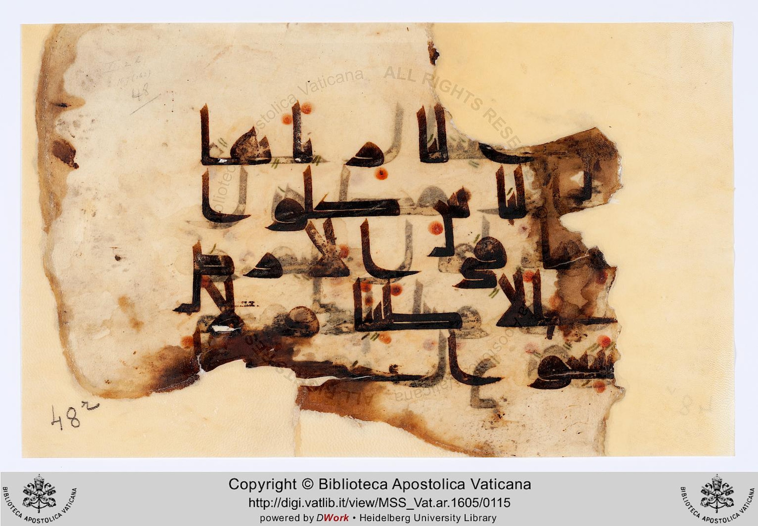 Rome, Biblioteca Apostolica Vaticana, Vat. Ar. 1605 (48) (Scan 1), in kūfī D script, showing Surah 2:168 from 8th to 9th Century AD found in Unknown, currently housed at Biblioteca Apostolica Vaticana, Rome