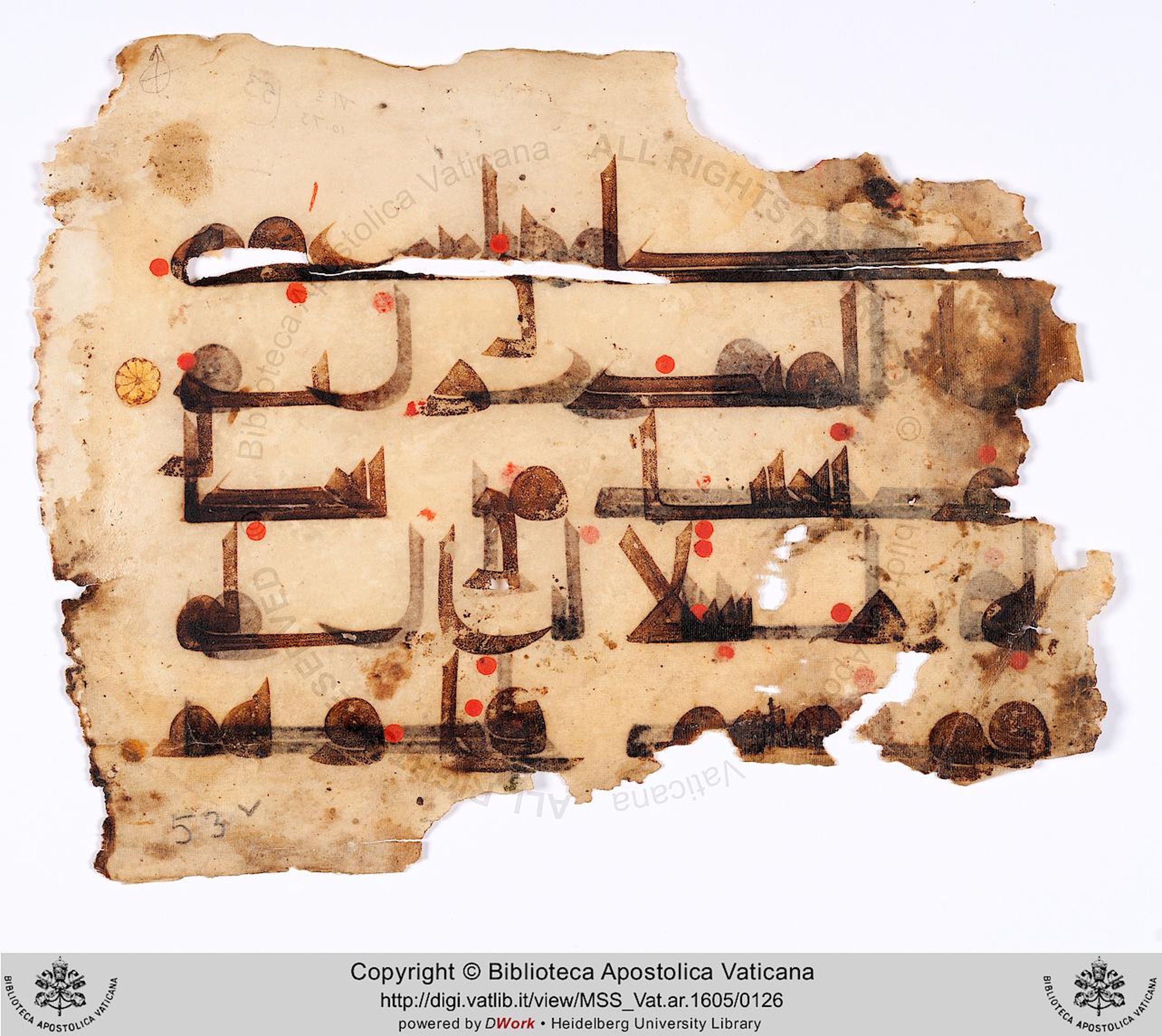 Rome, Biblioteca Apostolica Vaticana, Vat. Ar. 1605 (53), in kūfī D.I script, showing Surah 10:74 from 8th to 9th Century AD found in Unknown, currently housed at Biblioteca Apostolica Vaticana, Rome