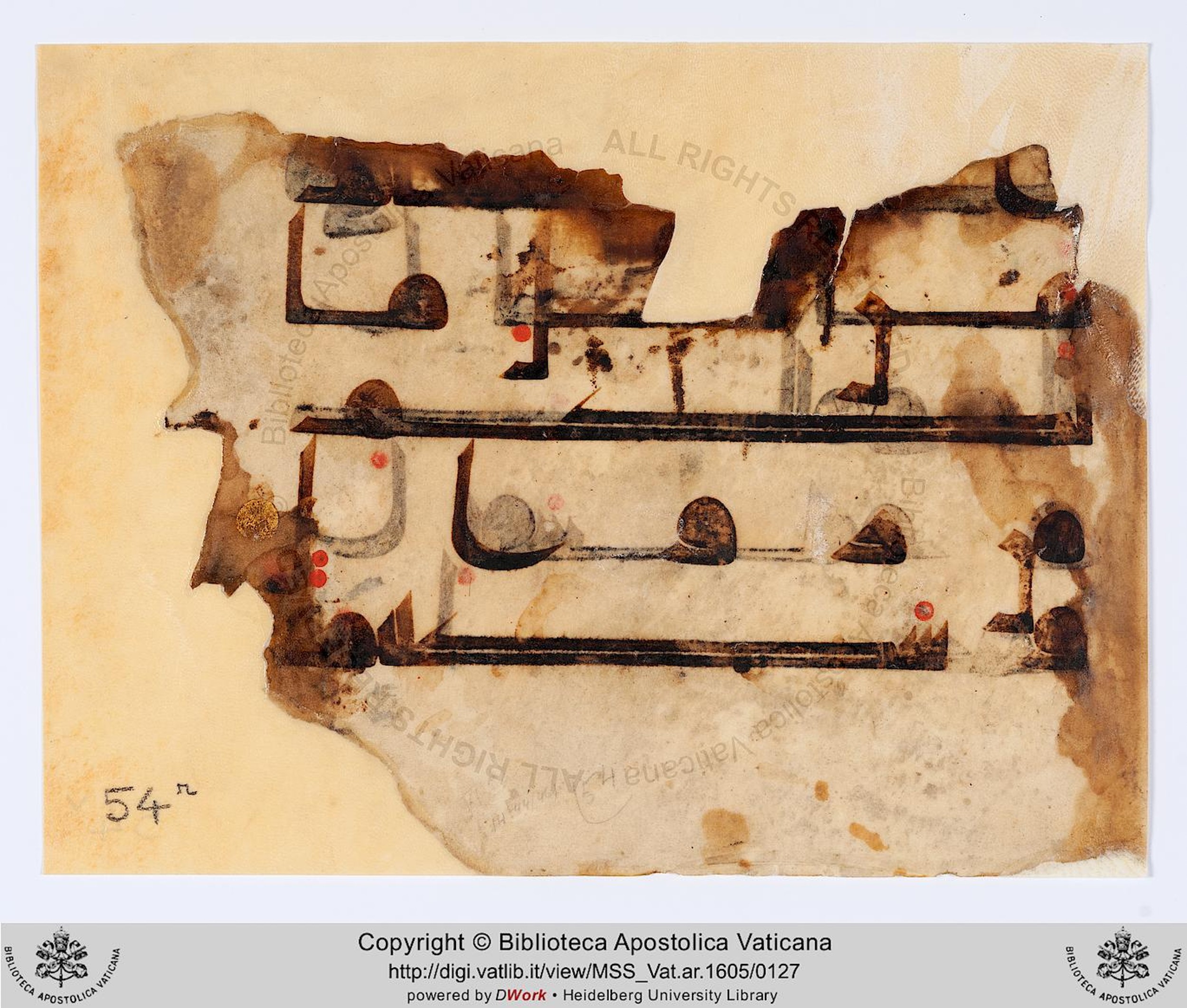 Rome, Biblioteca Apostolica Vaticana, Vat. Ar. 1605 (54), in kūfī D.I script, showing Surah 14:44 from 8th to 9th Century AD found in Unknown, currently housed at Biblioteca Apostolica Vaticana, Rome