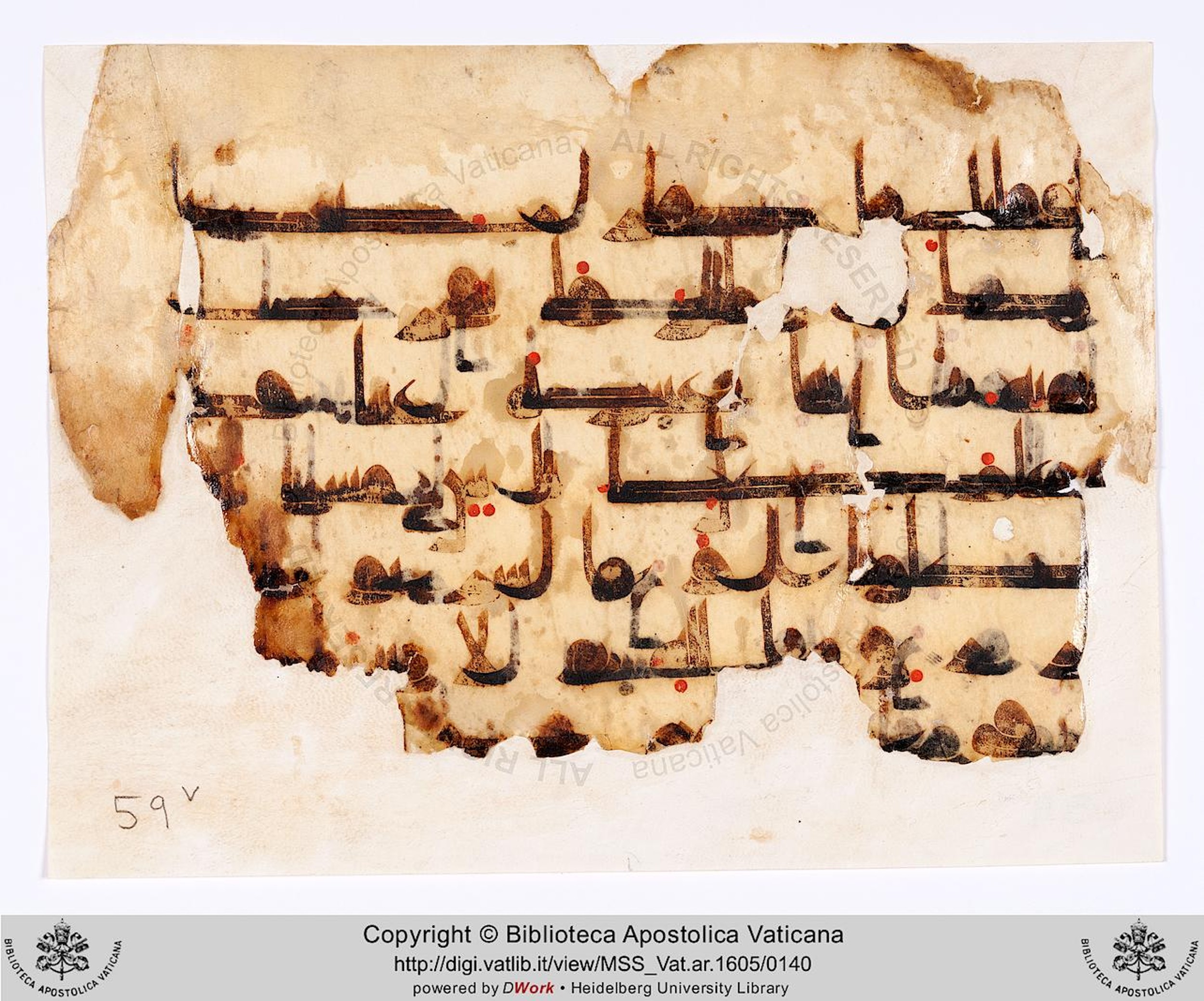 Rome, Biblioteca Apostolica Vaticana, Vat. Ar. 1605 (59) (Scan 2), in kūfī D.II script, showing Surah 2:60 from 8th to 9th Century AD found in Unknown, currently housed at Biblioteca Apostolica Vaticana, Rome