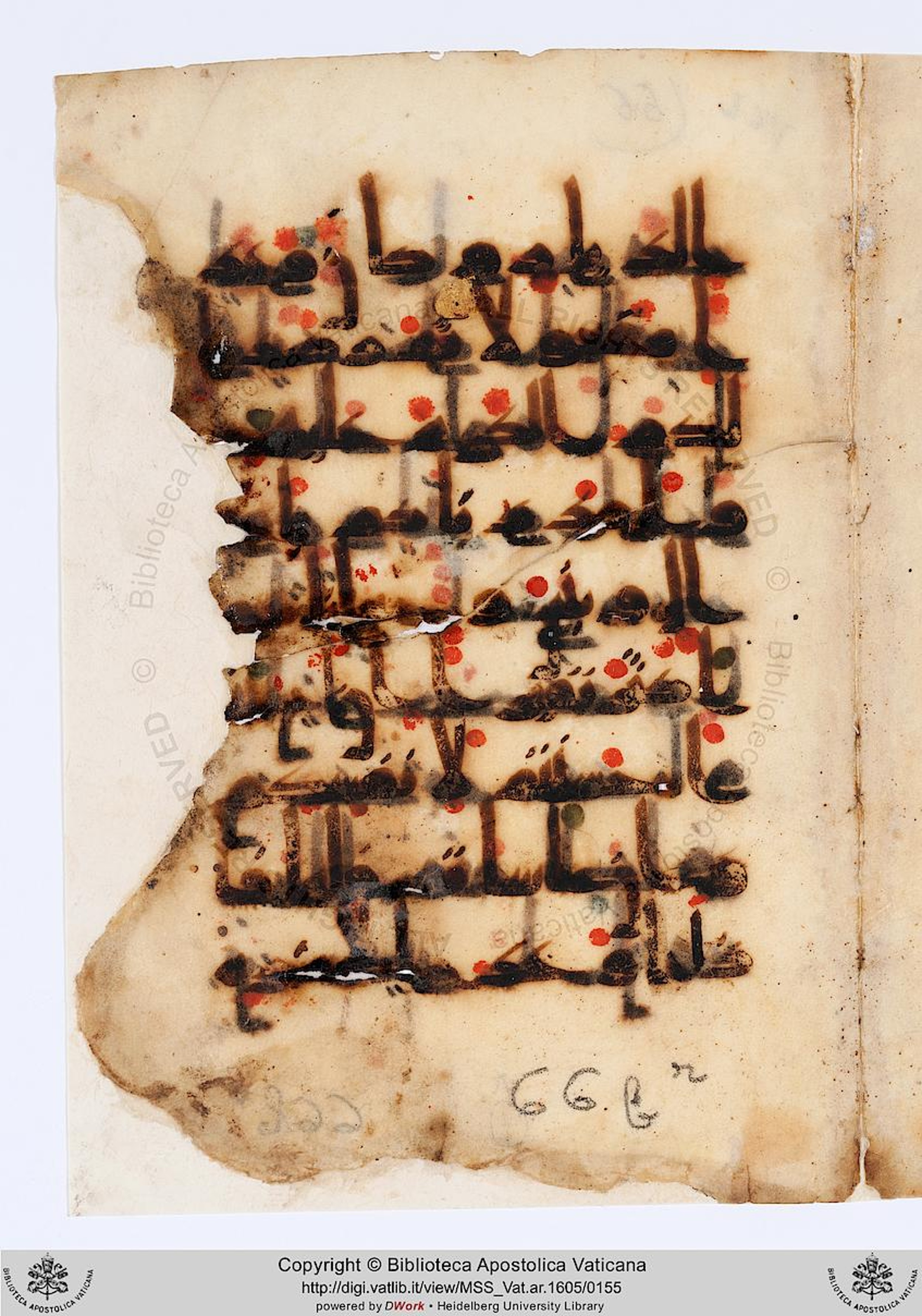 Vat. Ar. 1605 (66) (Scan 2), in kūfī D.Va script, showing Surah 17:3 from Mid 8th to Late 9th Century AD found in Unknown, currently housed at Biblioteca Apostolica Vaticana, Rome