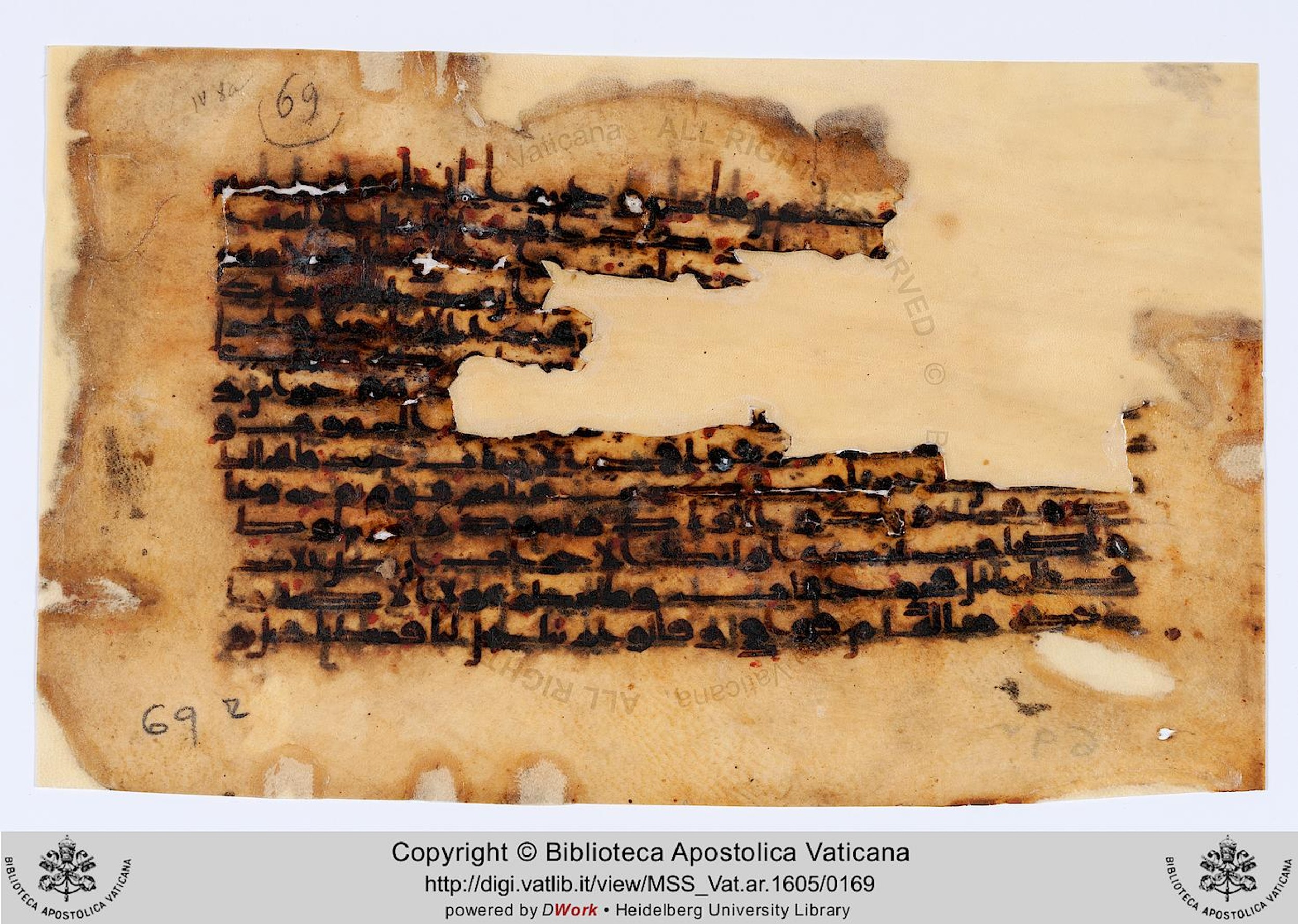 Vat. Ar. 1605 (69), in kūfī D.IV script, showing Surah 38:13 from 8th to 9th Century AD found in Unknown, currently housed at Biblioteca Apostolica Vaticana, Rome