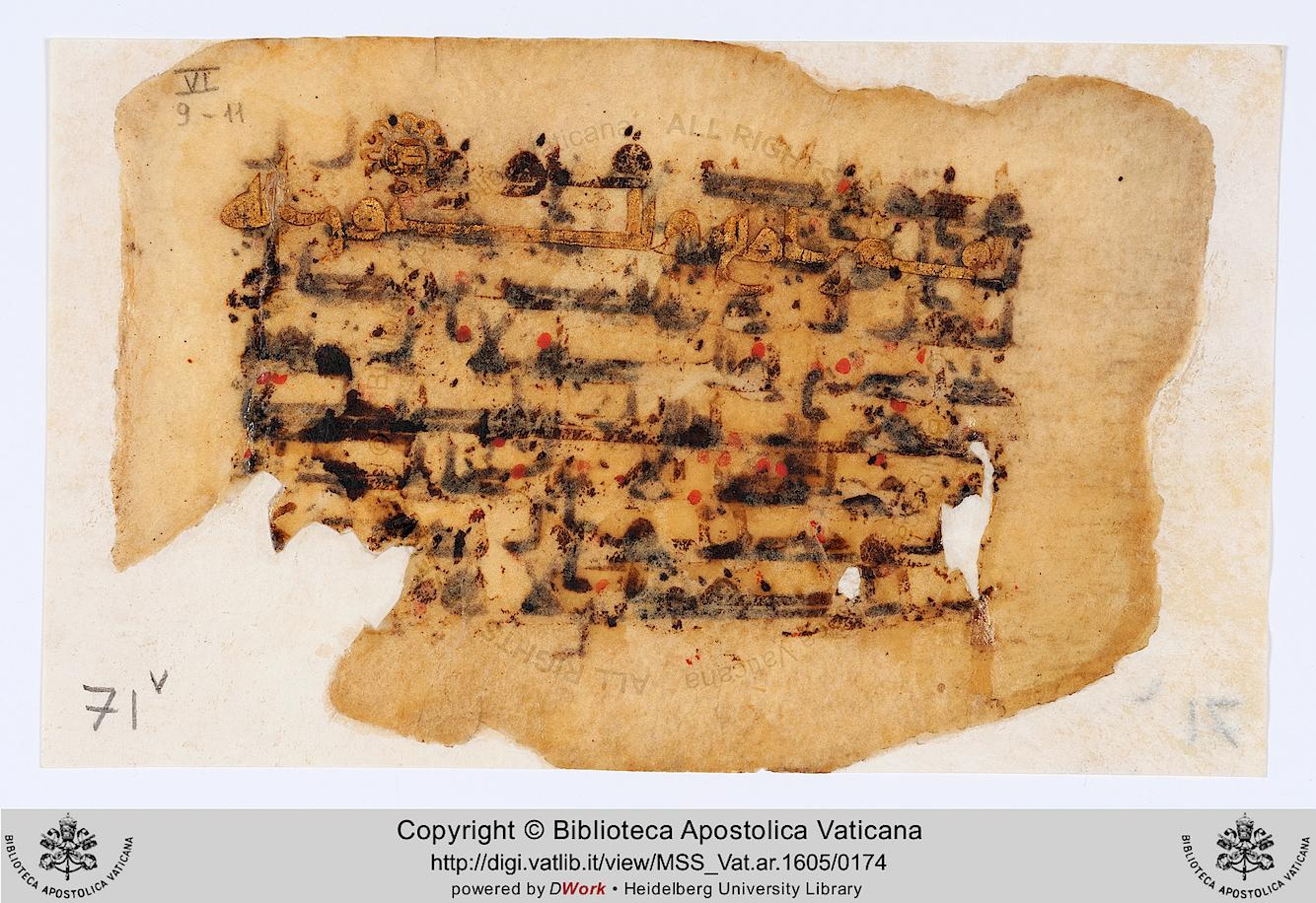 Rome, Biblioteca Apostolica Vaticana, Vat. Ar. 1605 (71), in kūfī D.I script, showing Surah 31:2 from 8th to 9th Century AD found in Mosque of Amr ibn al-As, Fustat (Old Cairo), Egypt, currently housed at Biblioteca Apostolica Vaticana, Rome