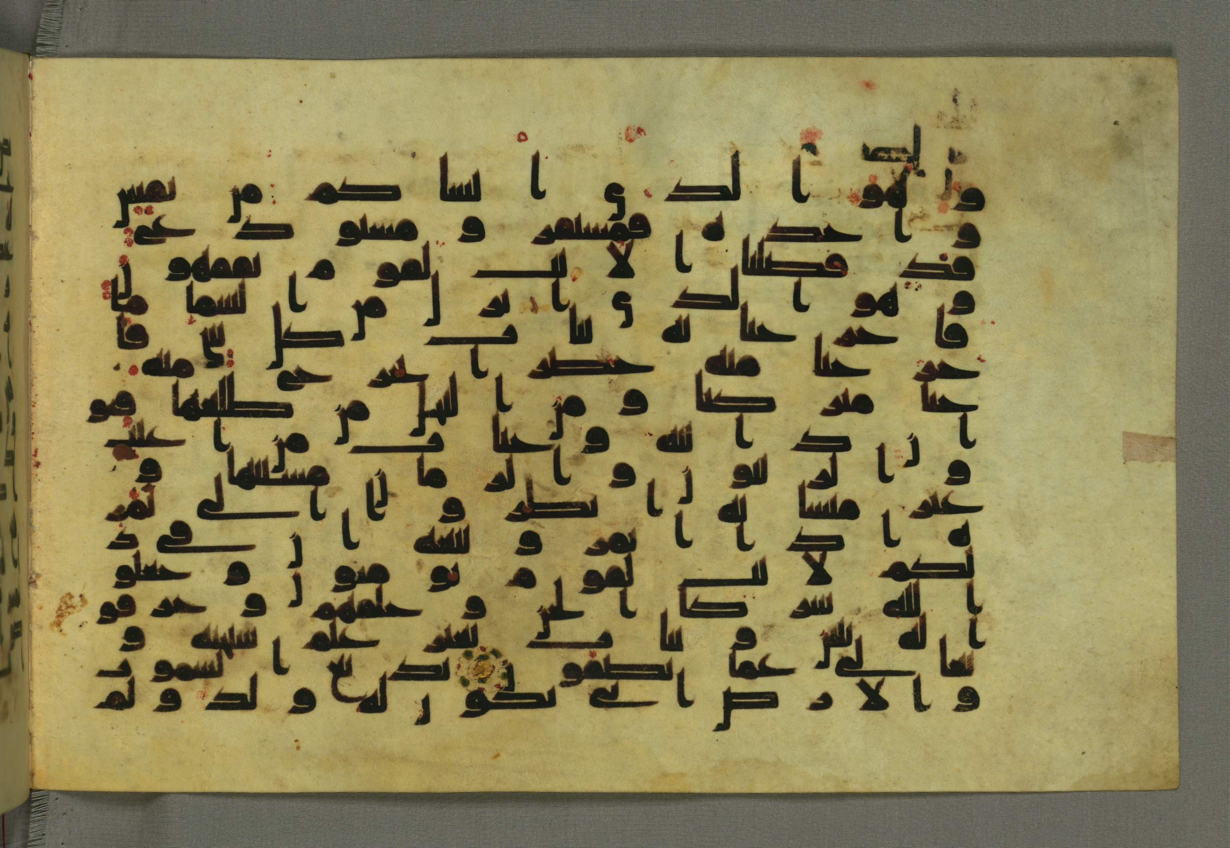 Baltimore, Maryland, The Walters Art Museum, W.552, in Early Abbasid (Kufic) script, showing Surah 6:99 from Mid 8th to Late 9th Century AD found in Unknown, currently housed at The Walters Art Museum, Baltimore, Maryland