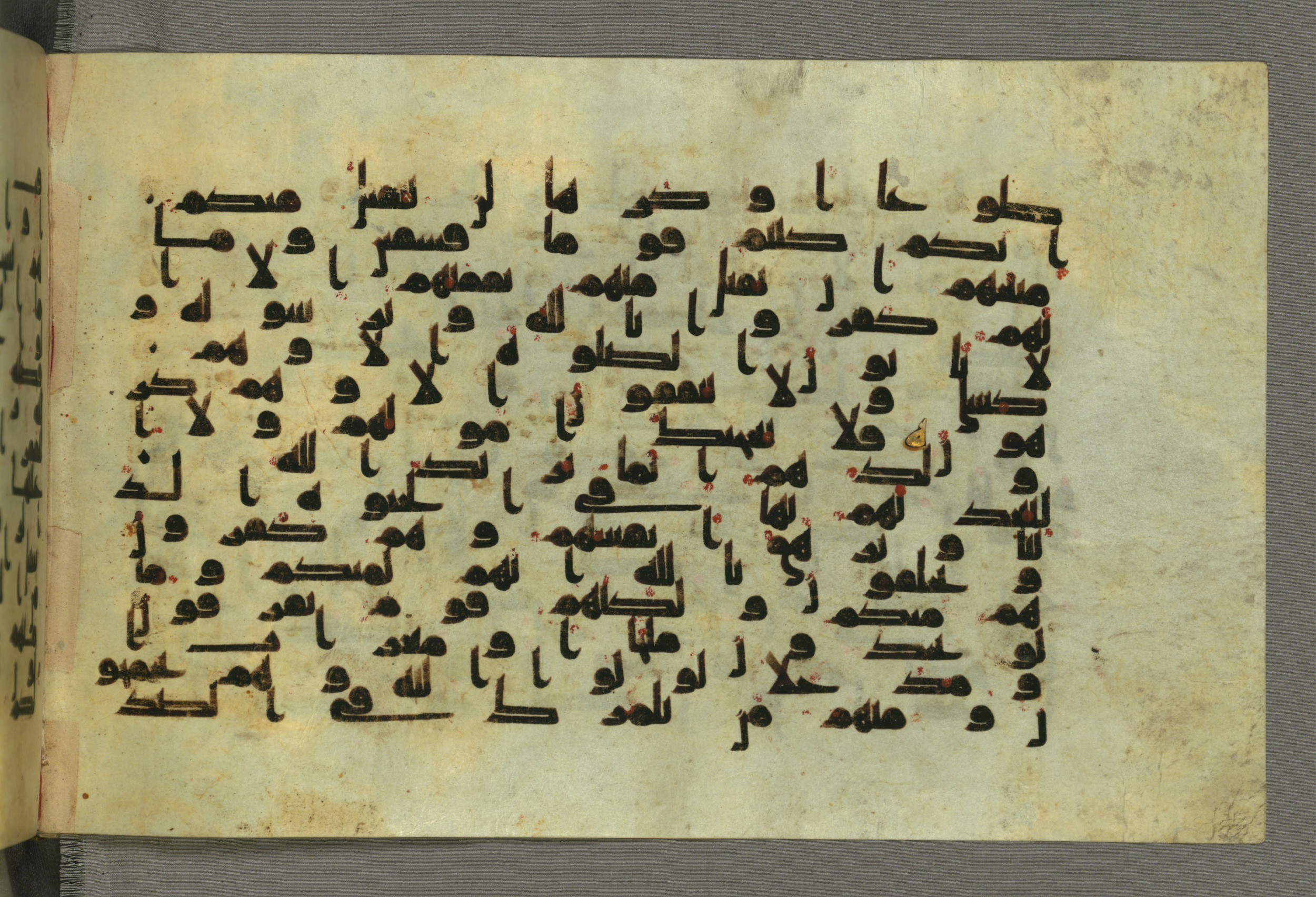 Baltimore, Maryland, The Walters Art Museum, W.552, in Early Abbasid (Kufic) script, showing Surah 9:56 from Mid 8th to Late 9th Century AD found in Unknown, currently housed at The Walters Art Museum, Baltimore, Maryland