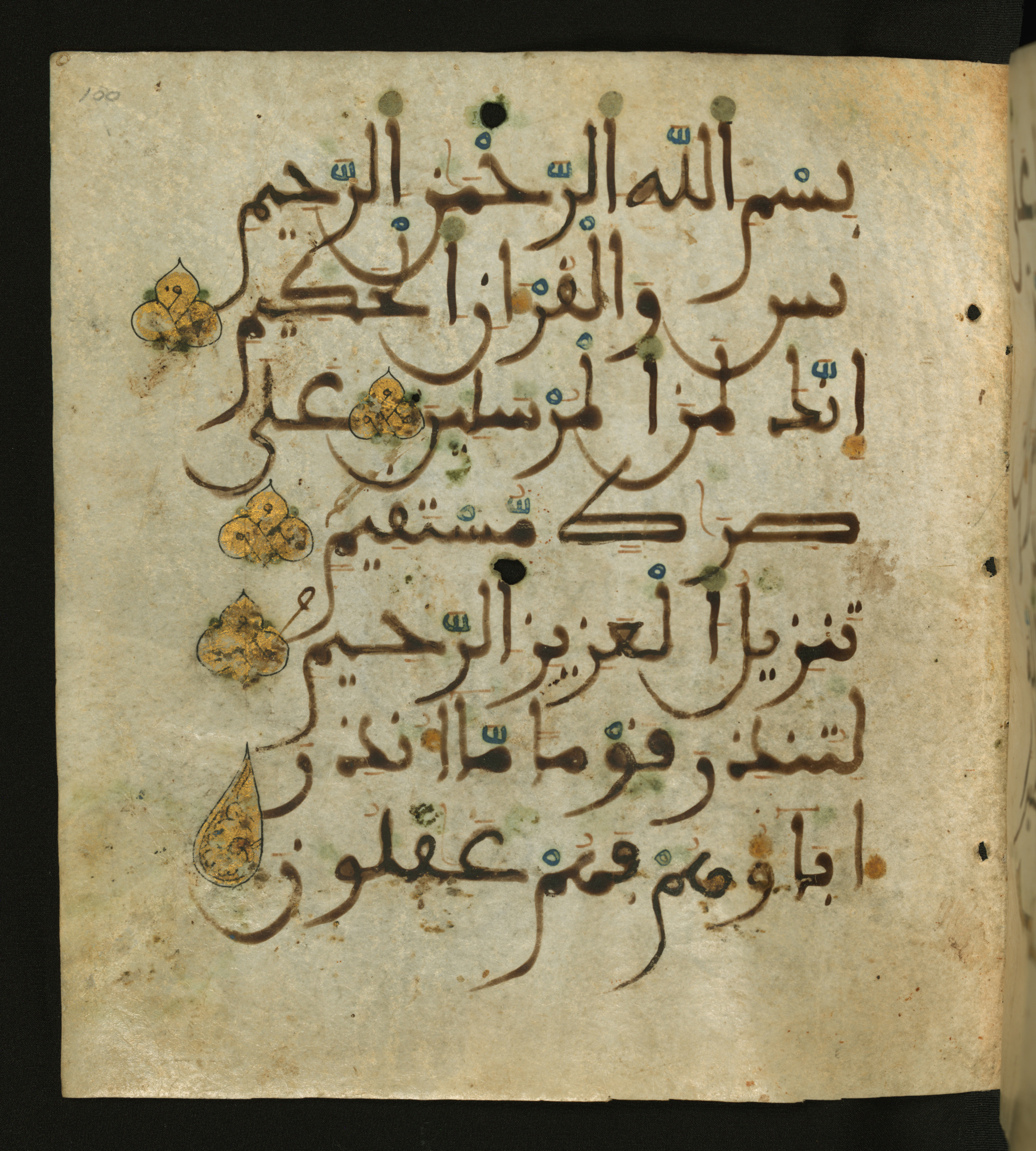 Baltimore, Maryland, The Walters Art Museum, W.556, in maġribī script, showing Surah 36:3 from 13th to 15th Century AD found in Unknown, currently housed at The Walters Art Museum, Baltimore, Maryland