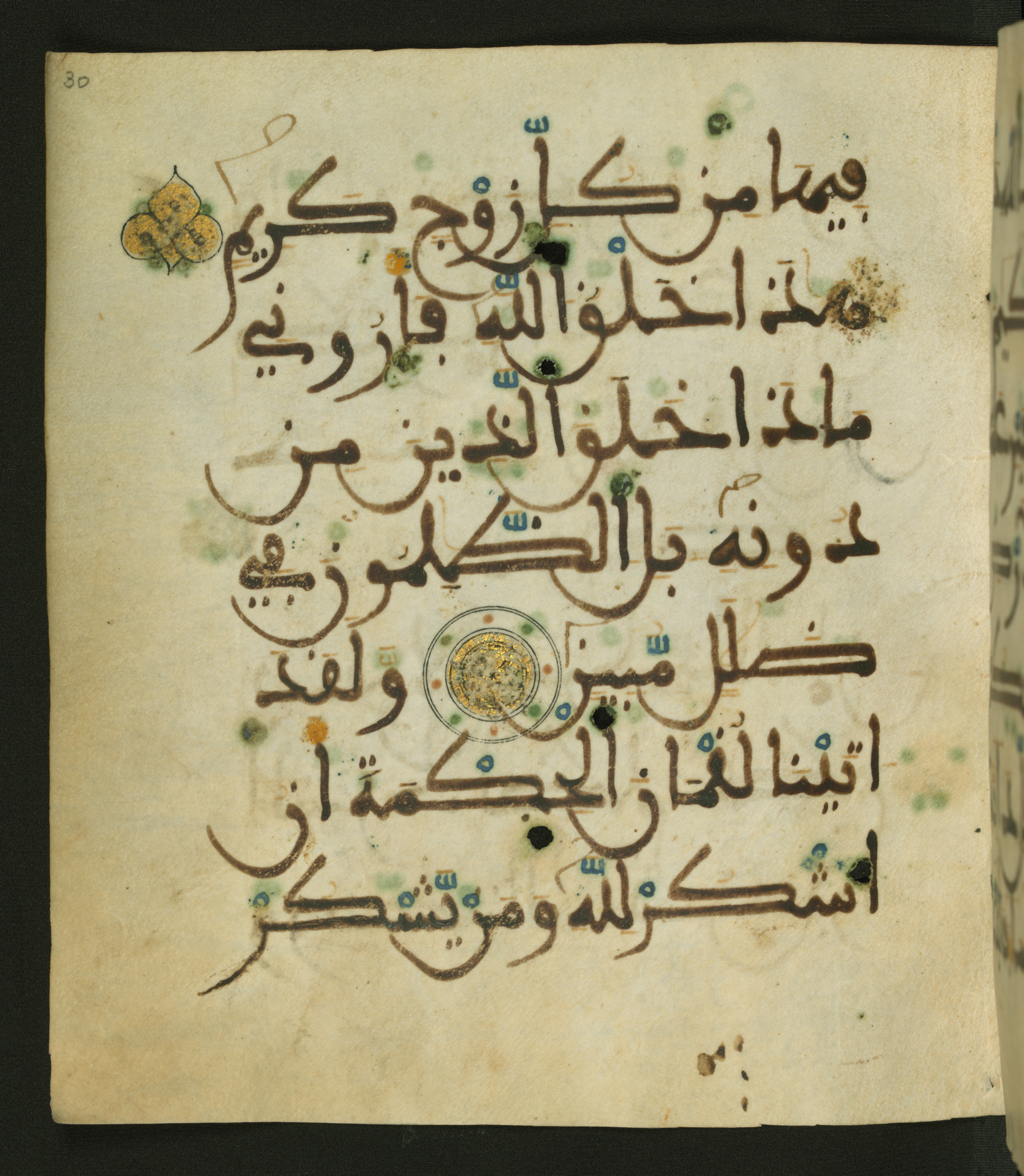 Baltimore, Maryland, The Walters Art Museum, W.556 (Scan 1), in maġribī script, showing Surah 31:12 from 13th to 15th Century AD found in Unknown, currently housed at The Walters Art Museum, Baltimore, Maryland