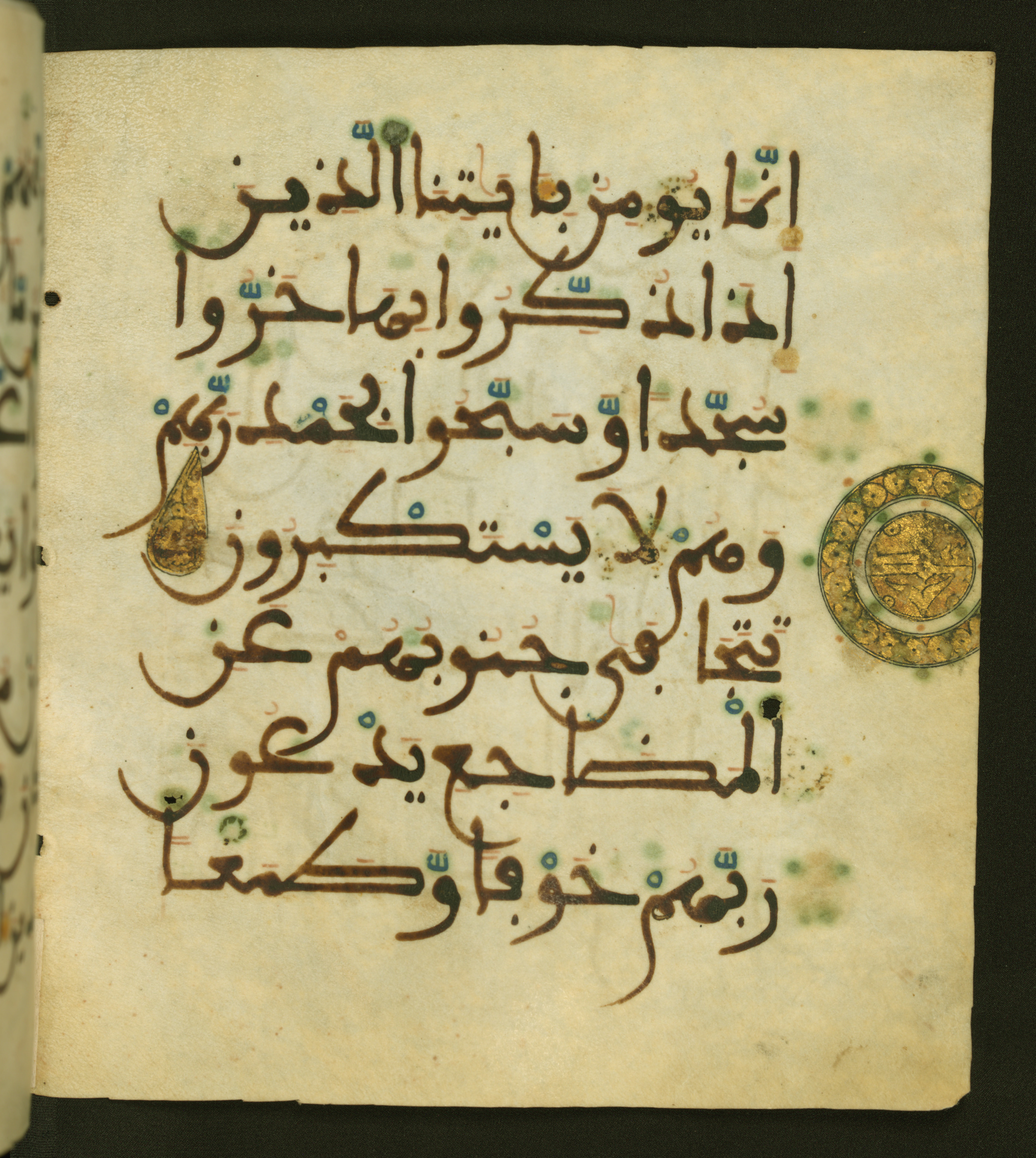 Baltimore, Maryland, The Walters Art Museum, W.556, in maġribī script, showing Surah 32:15 from 13th to 15th Century AD found in Unknown, currently housed at The Walters Art Museum, Baltimore, Maryland