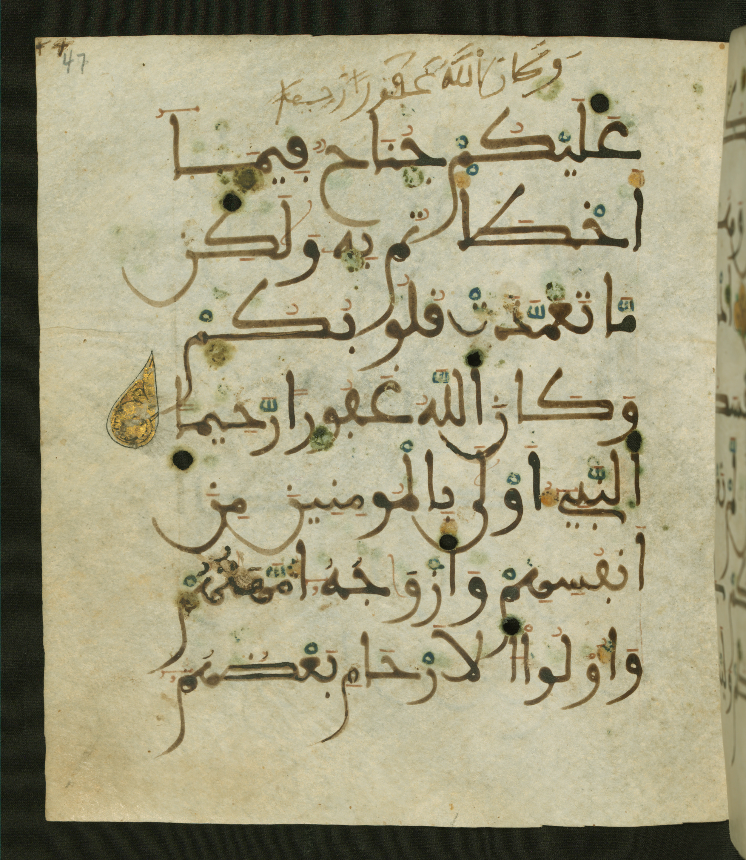 Baltimore, Maryland, The Walters Art Museum, W.556 (Scan 1), in maġribī script, showing Surah 33:6 from 13th to 15th Century AD found in Unknown, currently housed at The Walters Art Museum, Baltimore, Maryland